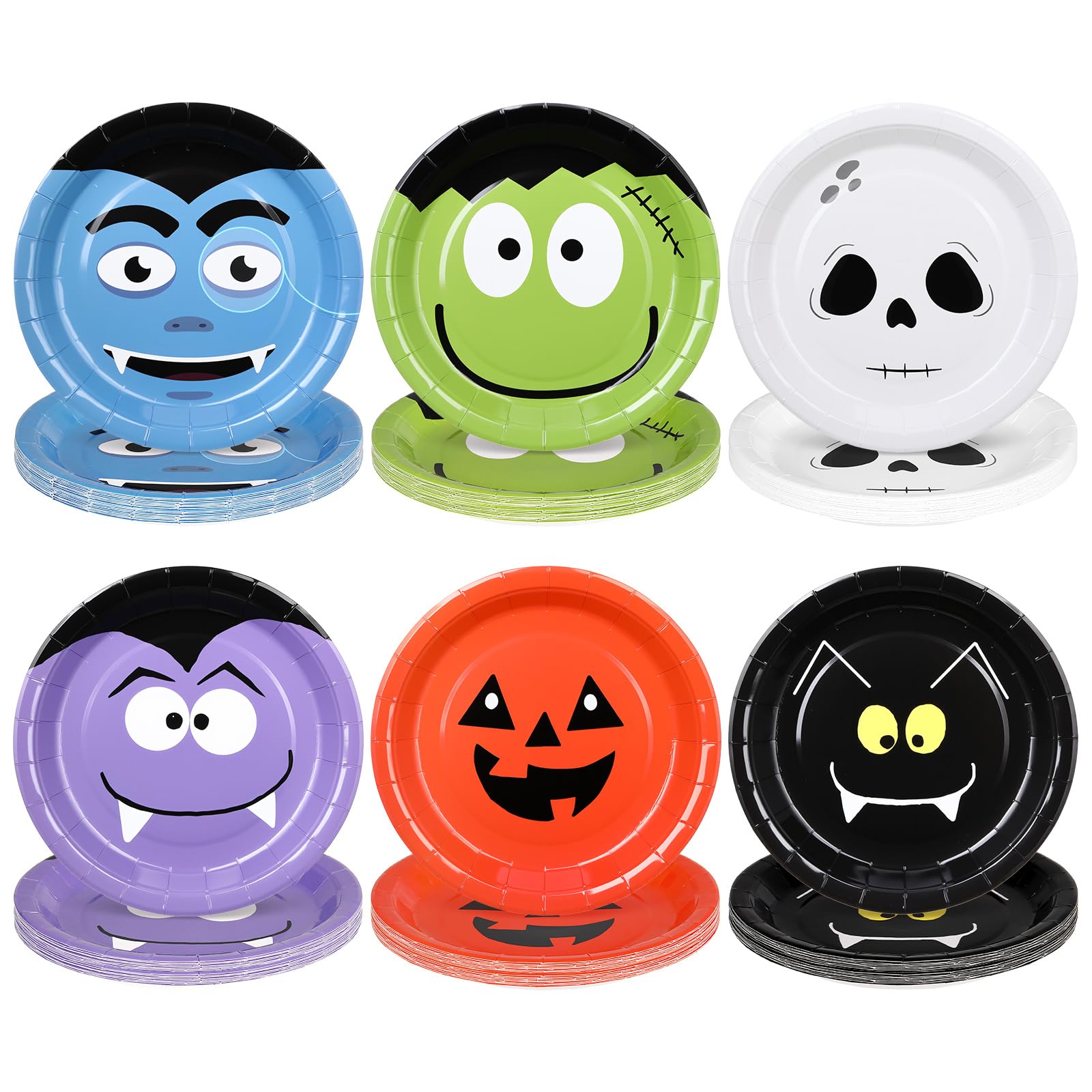 Roshtia 48 Pcs 9 Inch Halloween Paper Plates Disposable Party Plates 6 Design Pumpkin Bats Ghosts and Monsters Round Tableware f