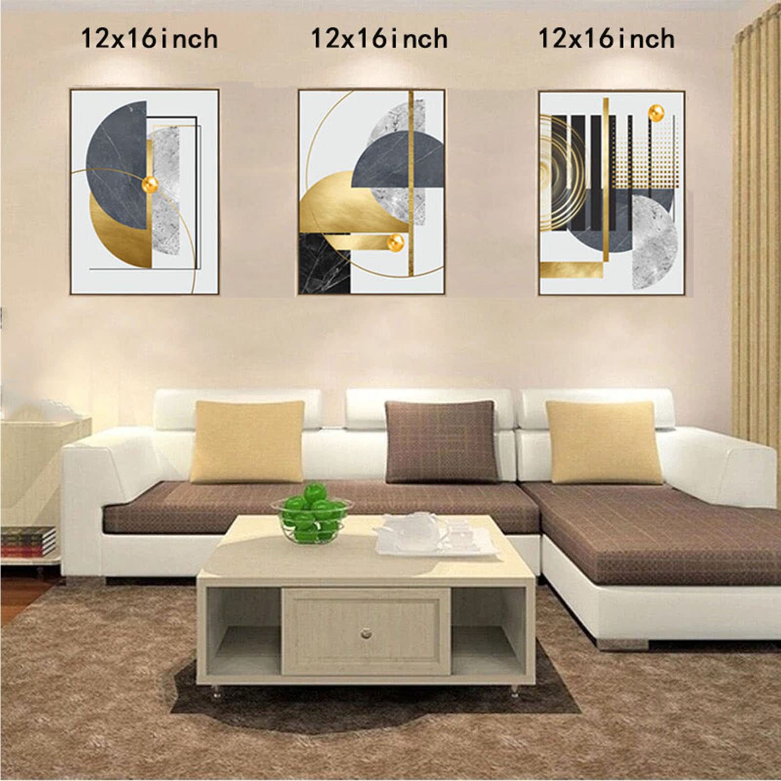 3Pcs Gold Canvas Wall Art Decor  Nordic Luxury Geometric Abstract Grey Black and Gold Framed Painting Poster Print for Living Room  Marble Wall Painting for Bedroom Dining Room 12x16 inch