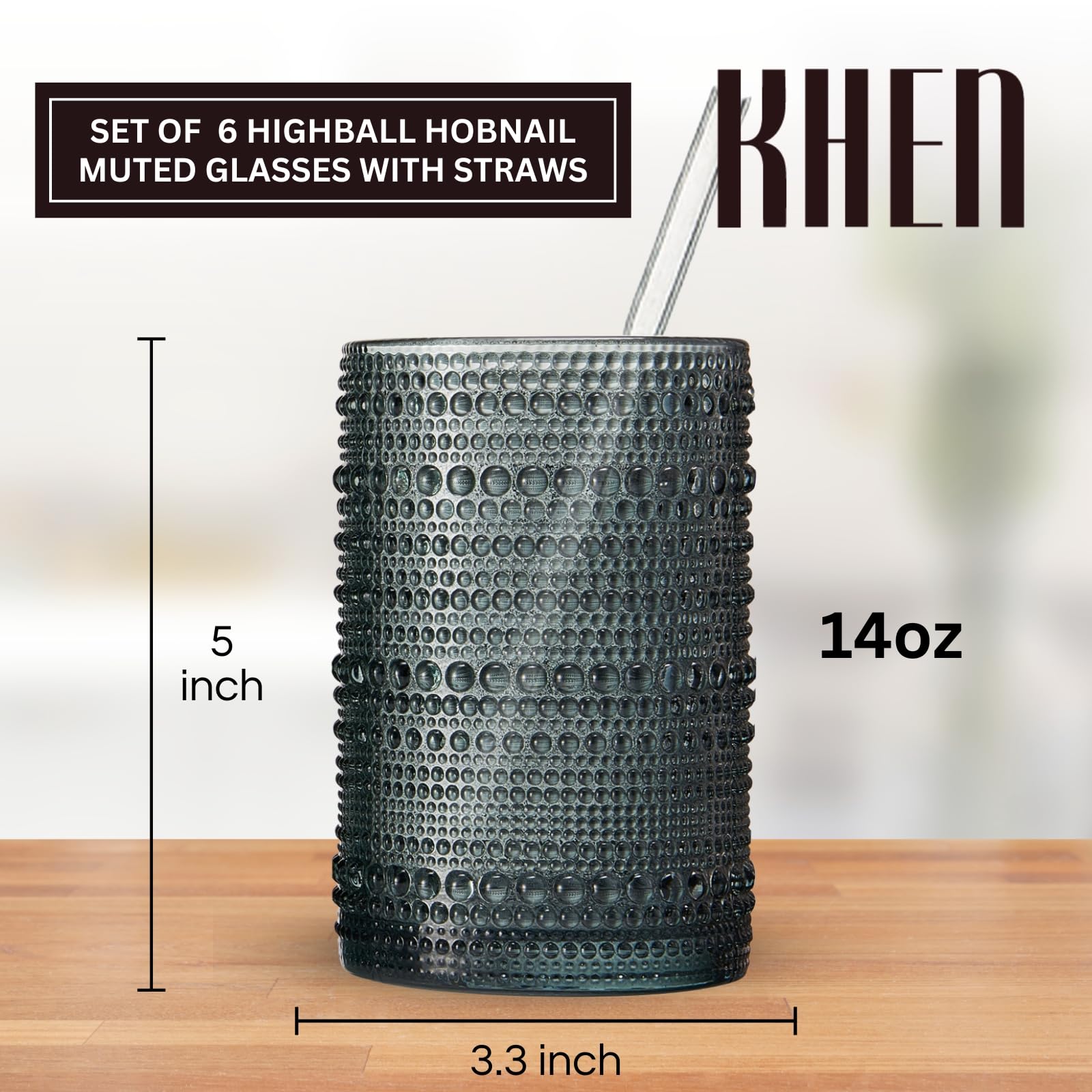 Khen Hobnail Drinking Glasses with Straws | Muted Colors | Set of 6