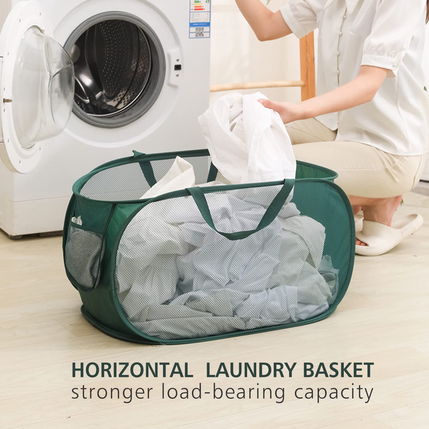 Pop Up Laundry Hamper,Collapsible Horizontal Baskets With Handles & Side Pocket,Foldable Sturdy Mesh For Laundry Room,Bathroom,K