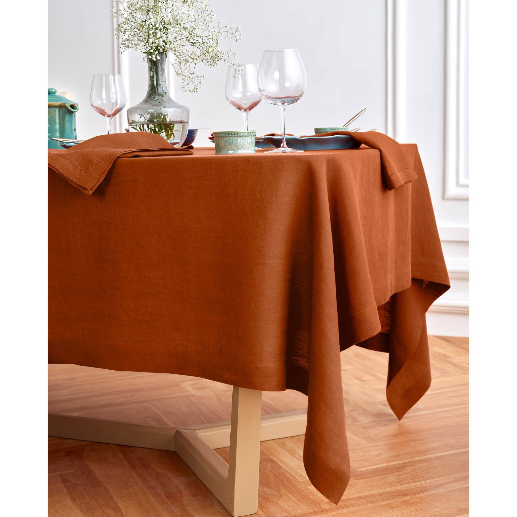 Solino Home Cinnamon Stick Linen Tablecloth 108'' L X 70'' W Inch - Sonoma, 100% Pure Linen Prewashed Table Cloth For Rectangle