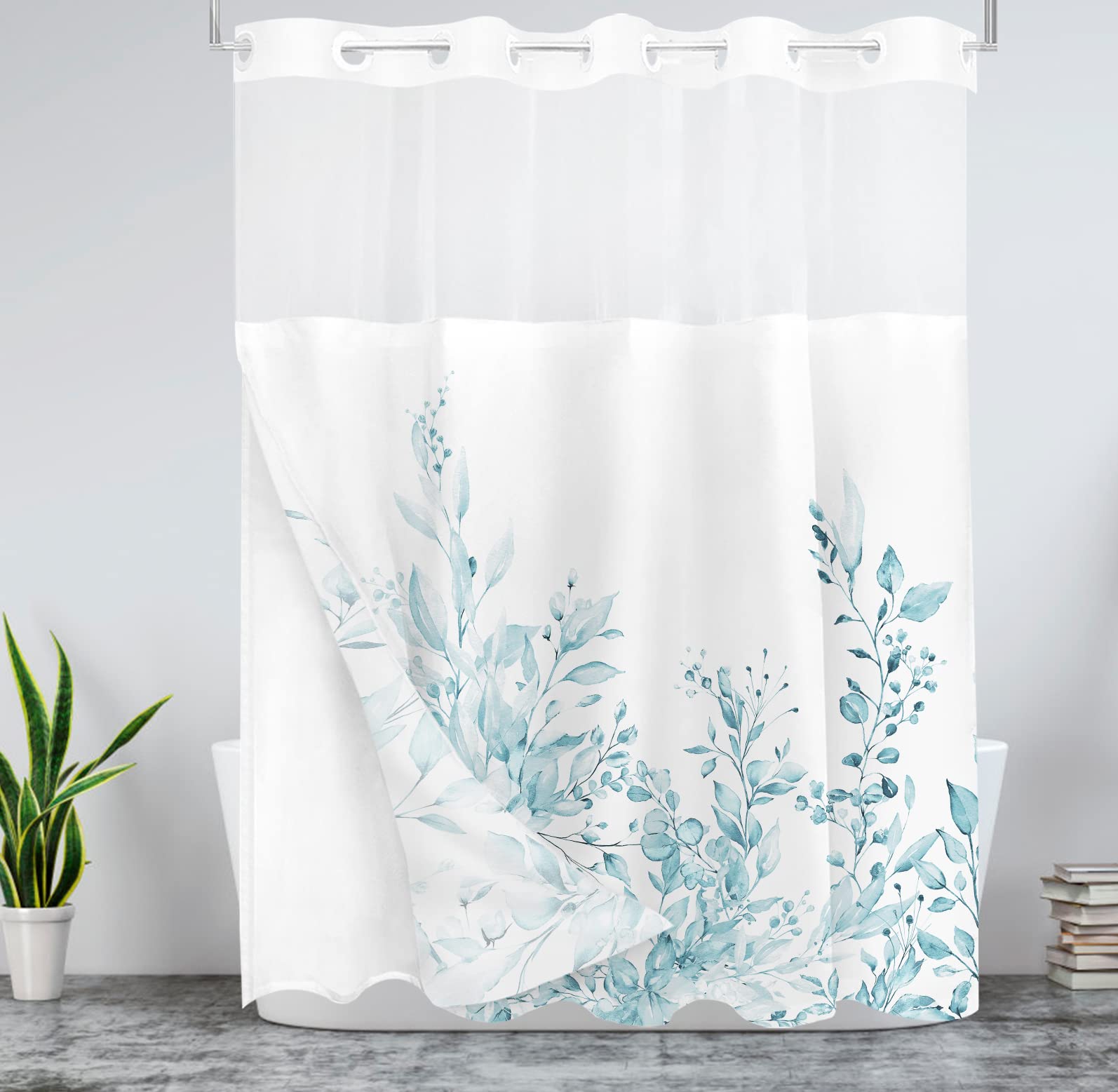 Tititex No Hooks Snap In Liner Spun Sugar Light Blue Eucalyptus Leaves Shower Curtain Sets, Hotel Luxury Double Layers Waterproo