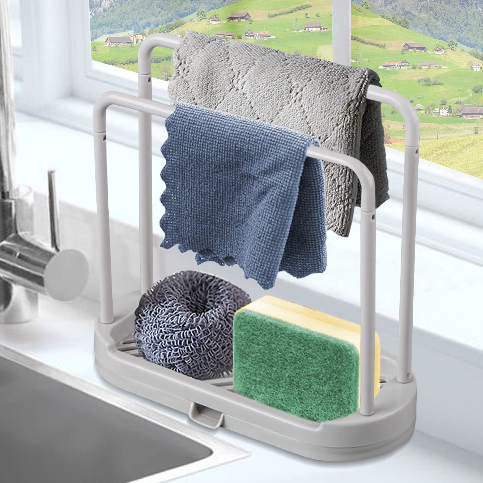 Muuboox Kitchen Sponge Holder Dishcloth Hanger, Kitchen Sink Rack Tray Organizer Stand For Sponge, Dish Cloth, Rag, Brush, Scrub