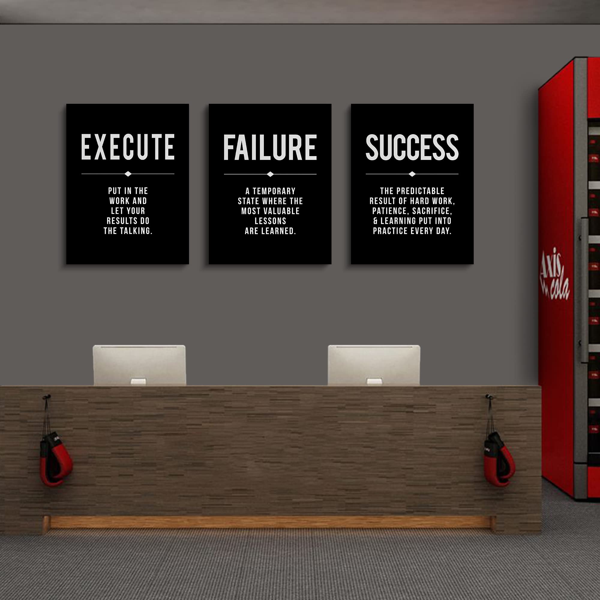 Framed Canvas Wall Art Success Quote For Office, Black Large Positive Motivational Poster, Set Of 3, Execute Failure Definition,