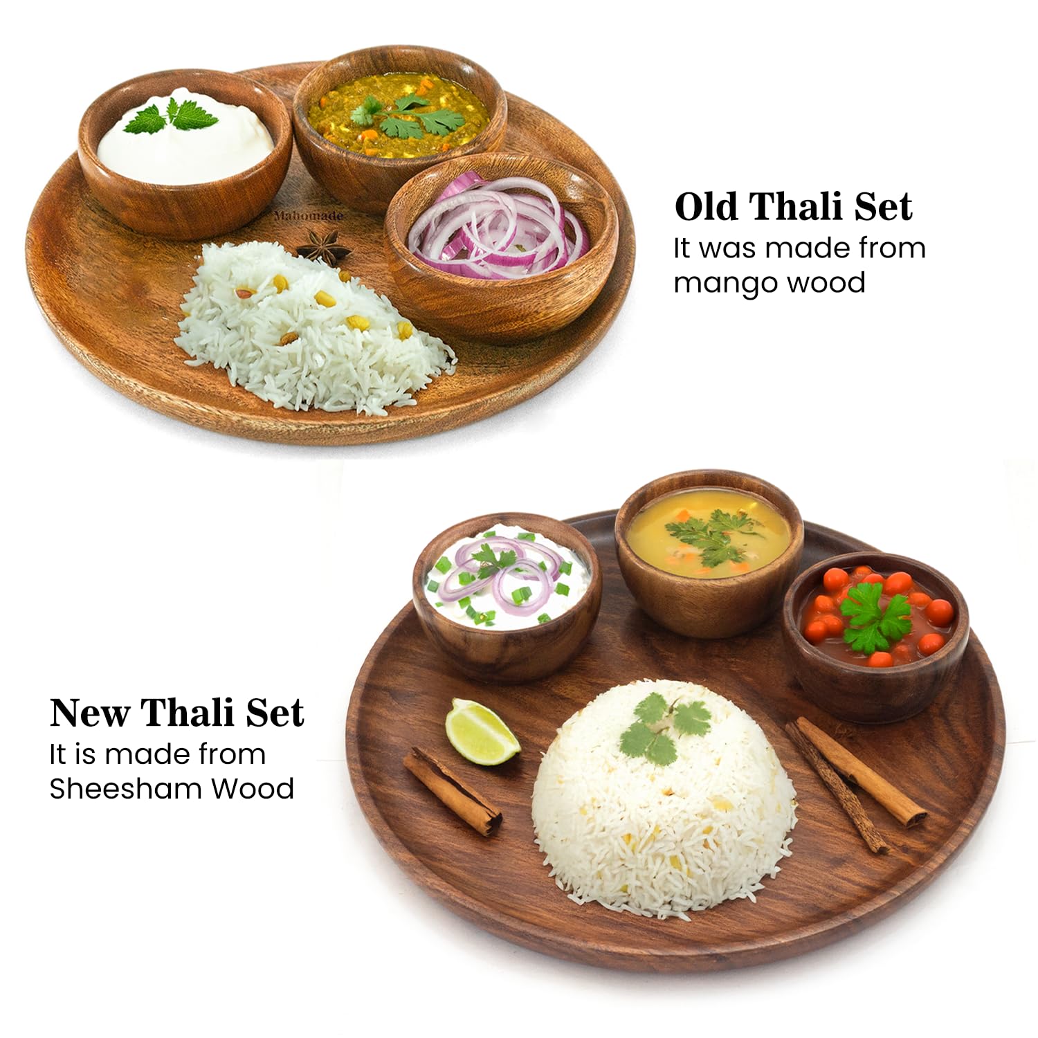 Mahomade Wooden Thali Dining Set | Wooden Plate With Bowls | 10 Inches Plate, 3.5 Inches Bowl | Wooden Serving Dinner Set
