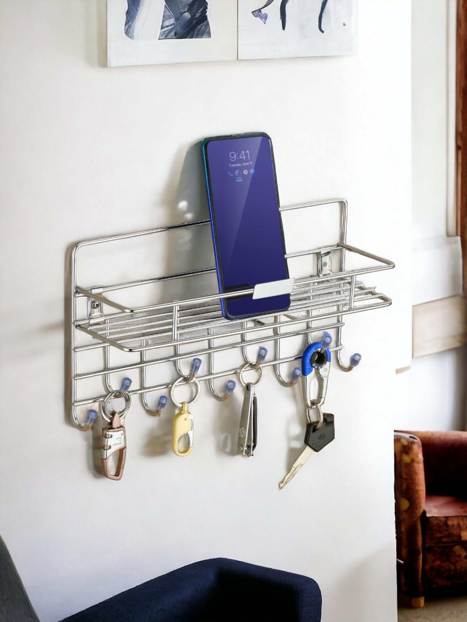 KINGLET Steel 9 Key Stand Wire with Racks Steel Key Holder (9 Hooks, Steel) Steel Key Holder (9 Hooks, Silver)