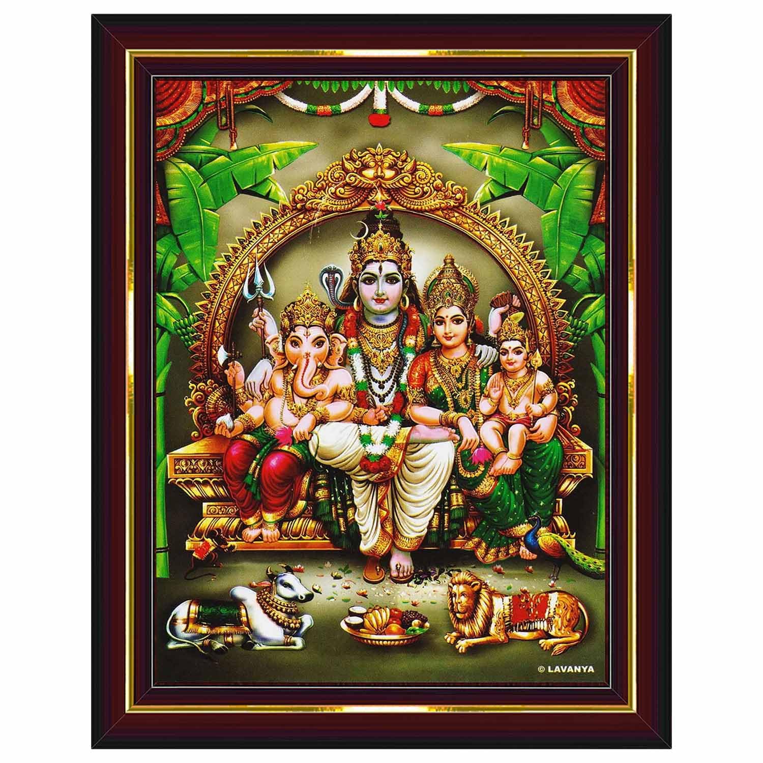 Pavan Photo Laminations Shiv Parivar Family Siva Parvati Lord Shiva Wall Painting Framed Home Decor (Wood,Matte,Brown,Big Size,1