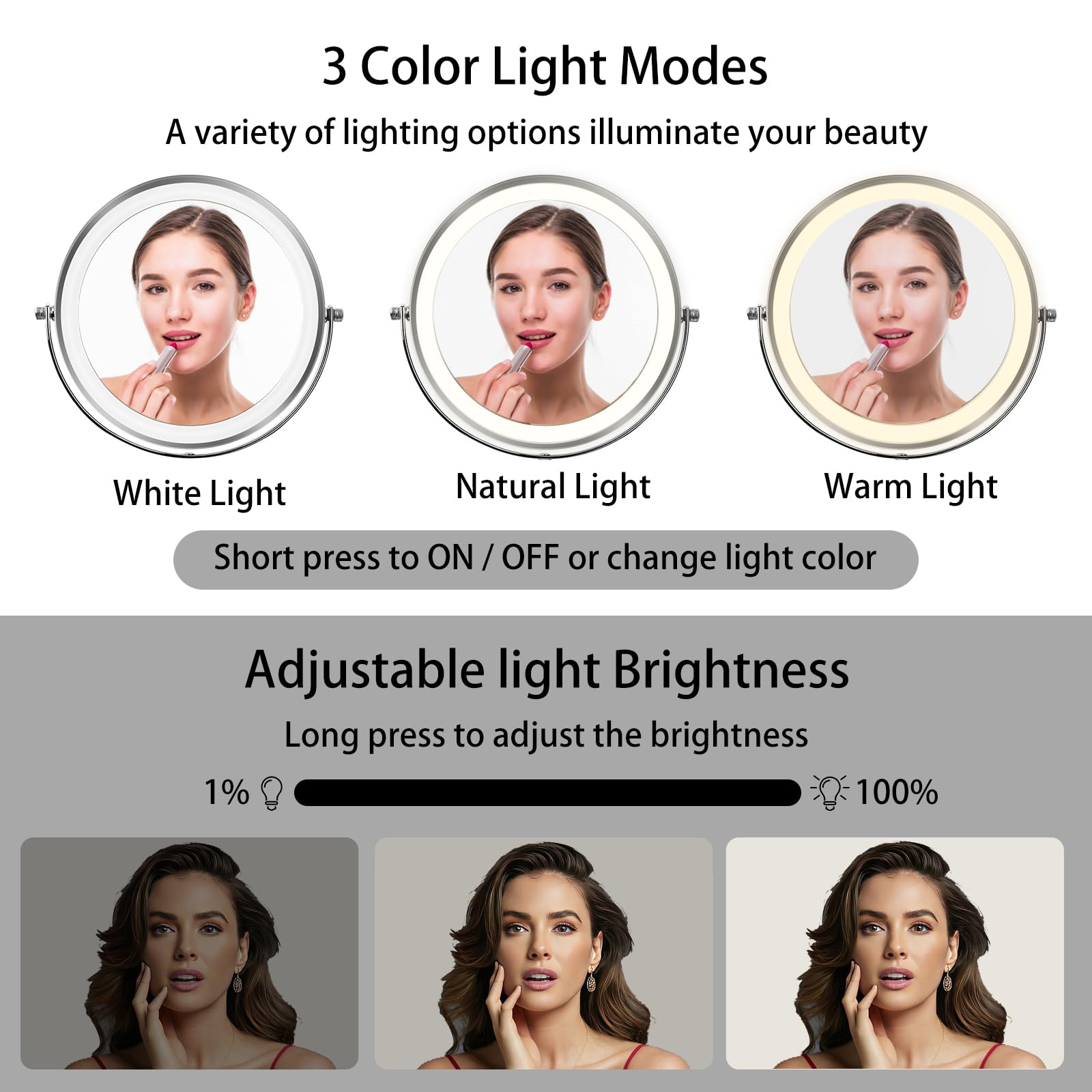 8   Large Makeup Mirror with Lights,1X/10X Rechargeable True Height Adjustable HD Magnifying Mirror with 3 Color Dimmable Lights