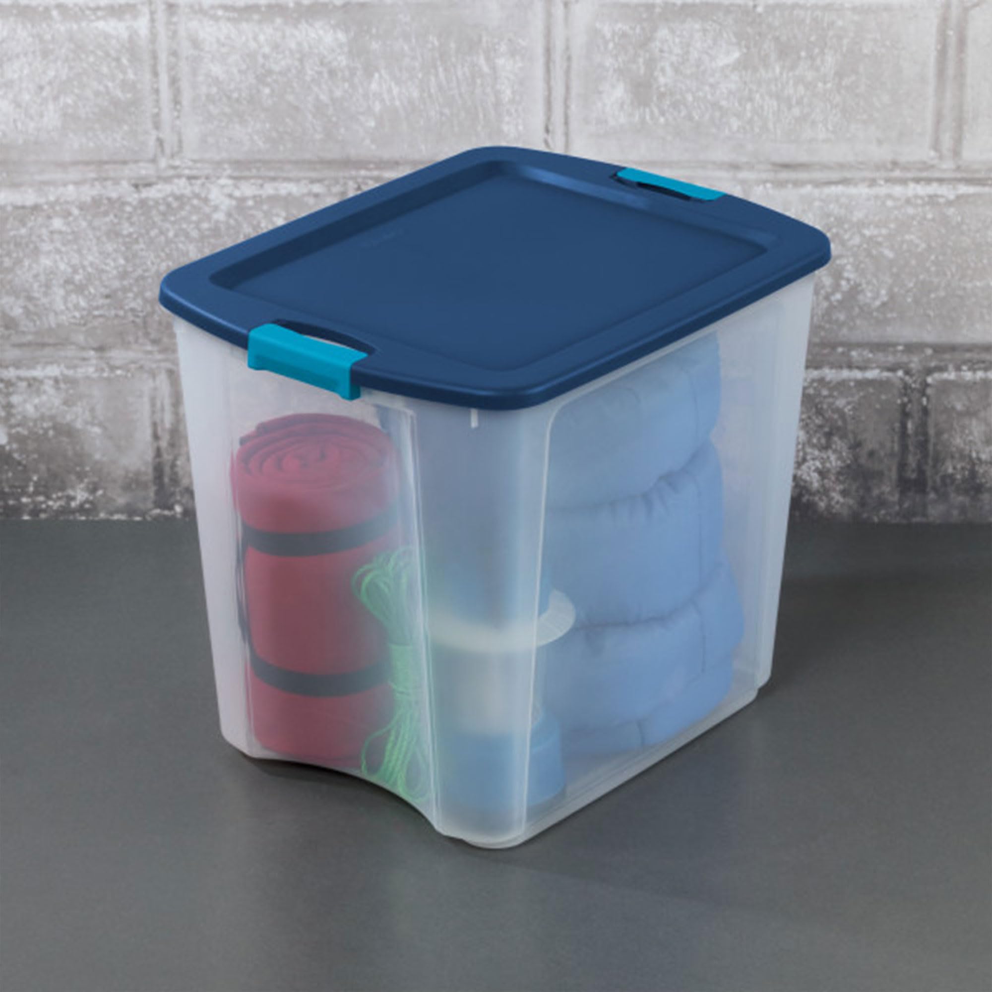 Sterilite 26 Gal Latch And Carry, Stackable Storage Bin With Latching Lid, Plastic Container To Organize Closets, Clear With Blu