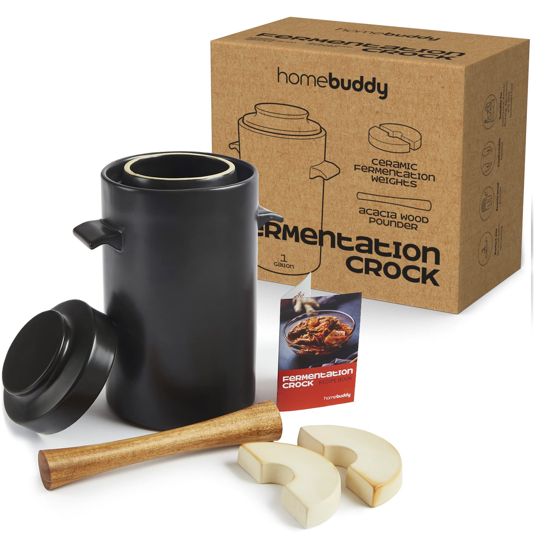 Homebuddy Fermentation Crock (1 Gallon) With Weights, Acacia Wood Pounder And Recipie Book - Sauerkraut Fermentation Kit, Onggi