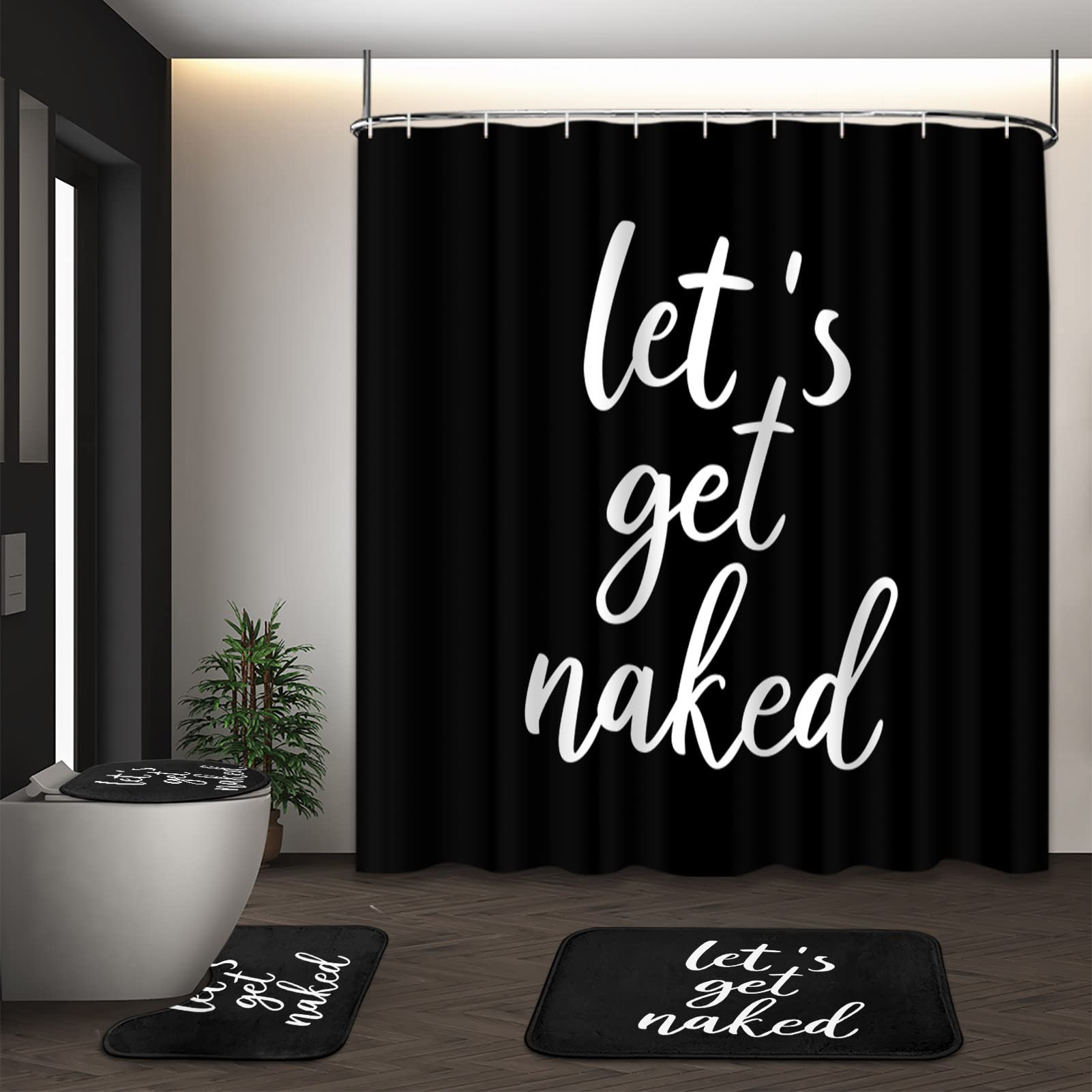 Artsocket 4Pc Shower Curtain Set With Rugs, Let'S Get Naked Bathroom Set With Non-Slip Rug, Toilet Lid Cover, Bath Mat And 12 Ho