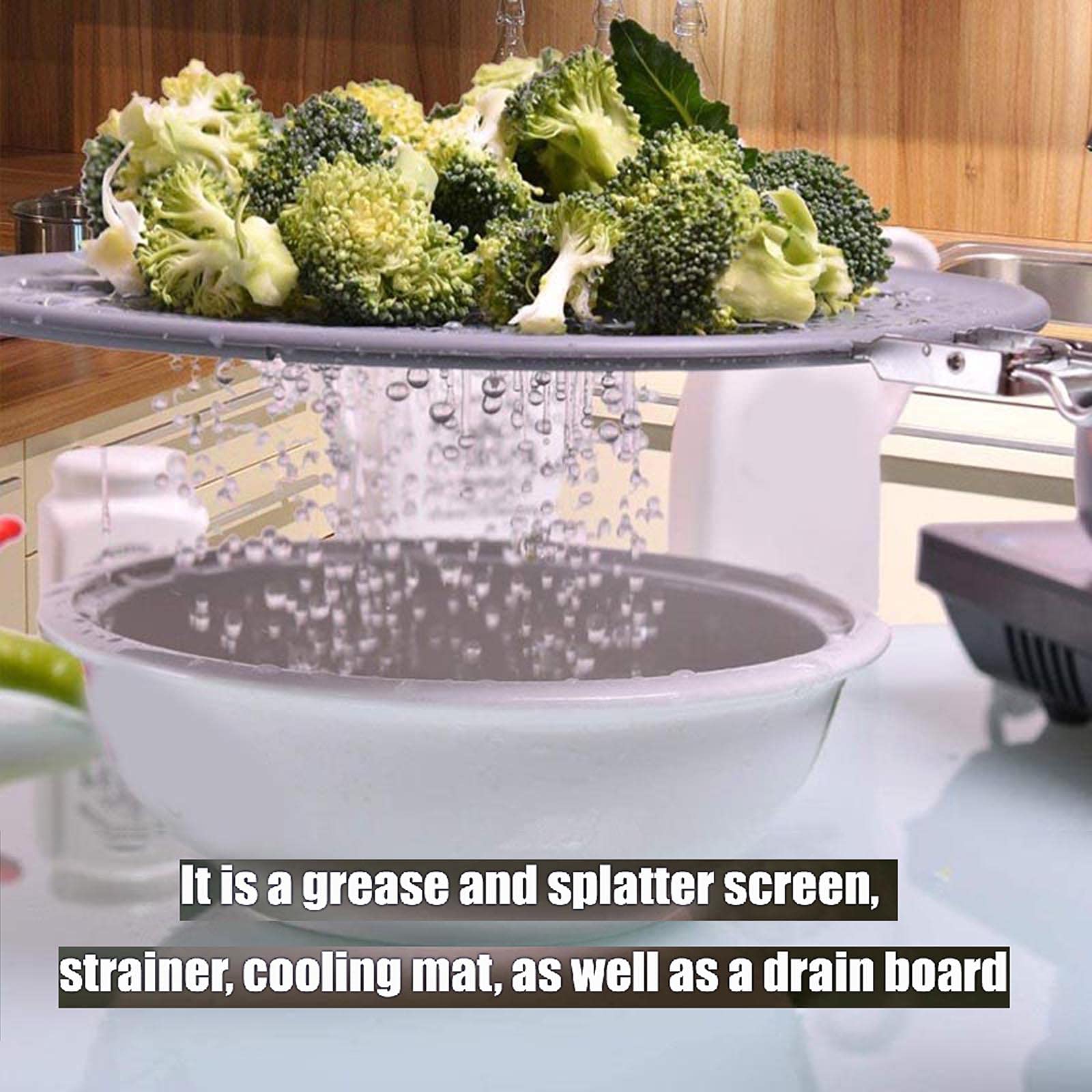 Baiouda Silicone Splatter Screen Pan Cover 11 In , High Heat Resistant Oil Splash Guard, Heat Insulation Cooling Mat, Strainer,