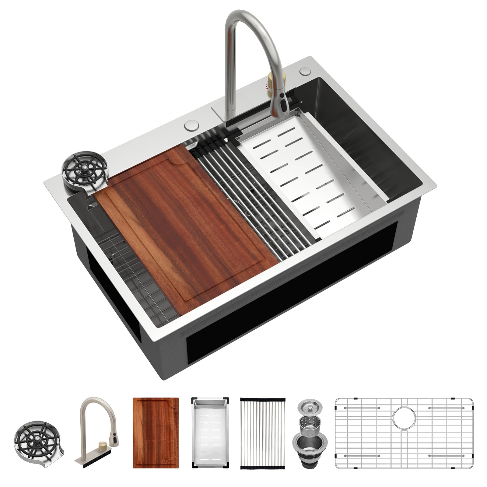 Logmey 33 Drop In Waterfall Kitchen Sink 33X22 Inch 16 Gauge Stainless Steel Single Bowl Workstation Kitchen Sinks With Faucet C