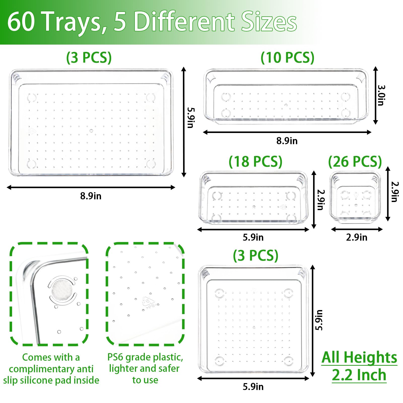 Yieach 60 Pcs Clear Plastic Drawers Organizer,5-Size Versatile Bathroom and Vanity Drawer Organizers and Storage,Non-Slip Vanity