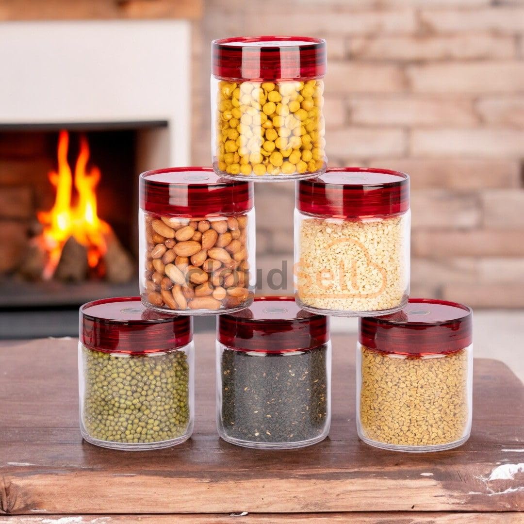 Cynflees Kitchen Storage Jars 300Ml Glass Food Storage Containers With Airtight Acrylic Red Lid Round Kitchen Dispenser For Spic
