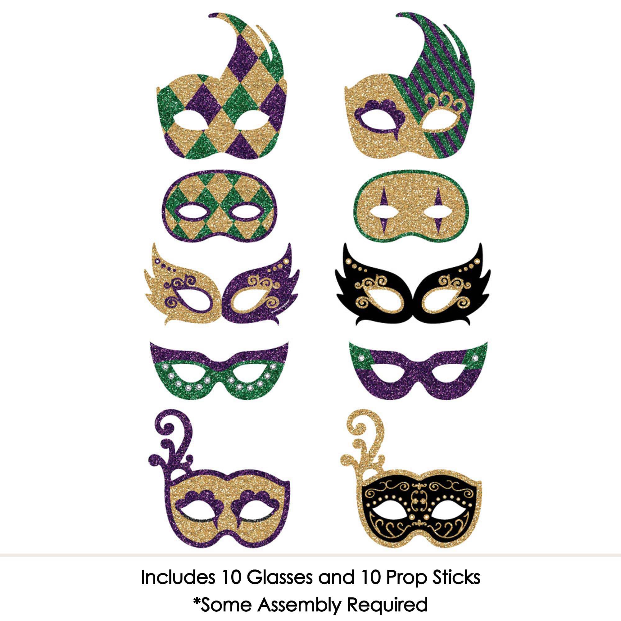 Mardi Gras Masks & Glasses - Paper Card Stock Masquerade Party Photo Booth Props Kit - 10 Count