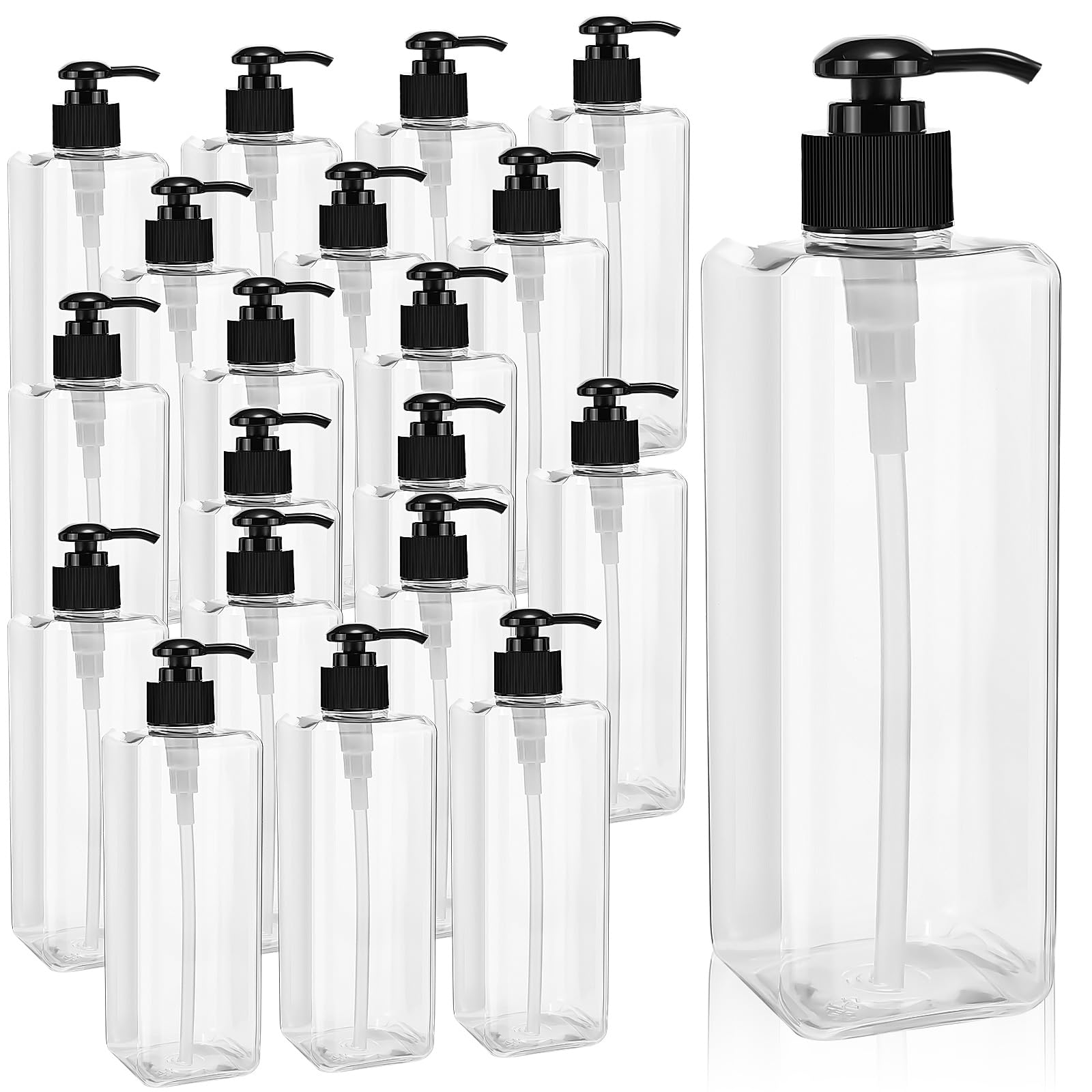 20 Pack 16Oz/ 500Ml Plastic Empty Bottles Refillable Shampoo Containers With Pump Lightweight Square Soap Dispenser Bottles For