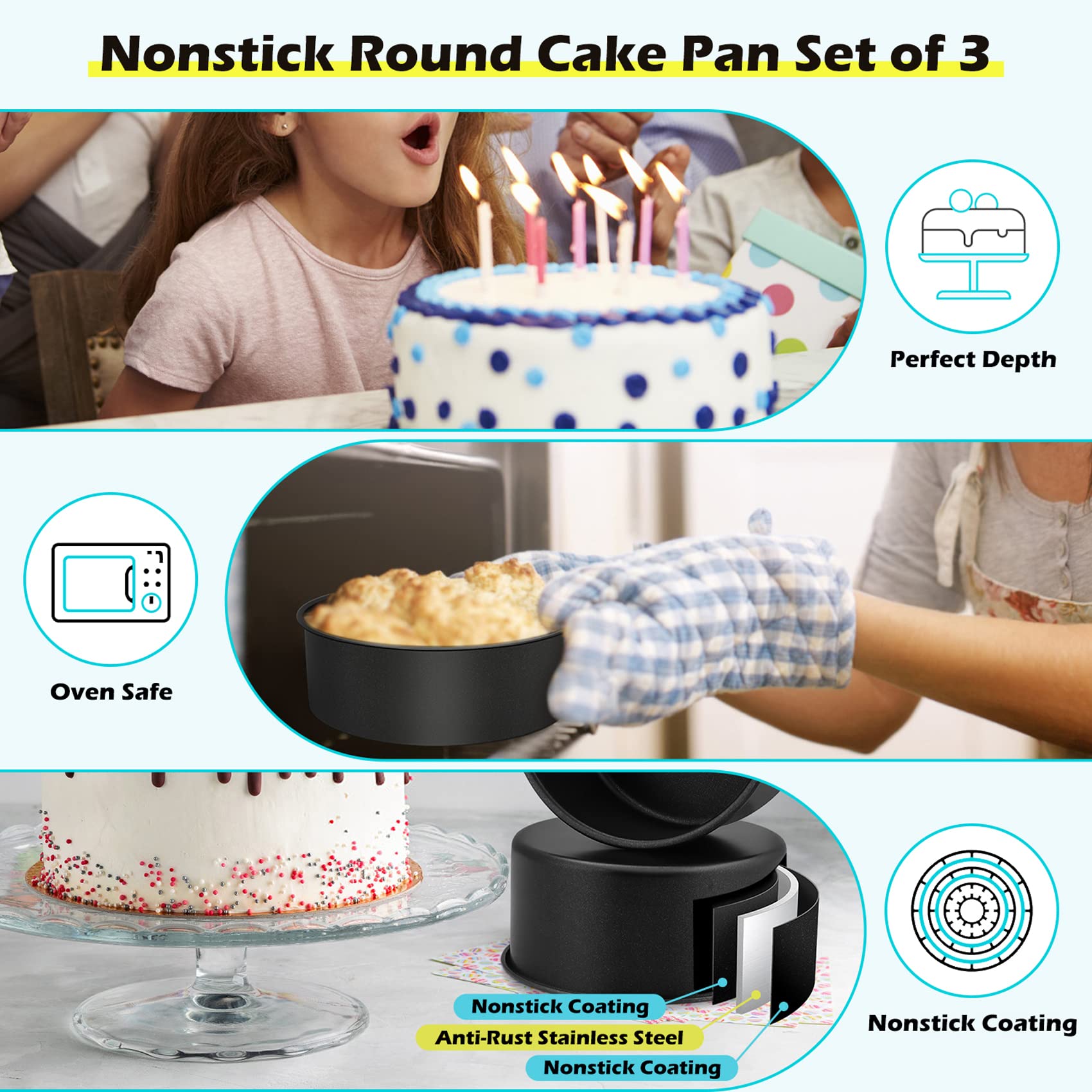 Lianyu 8    3 Inch Cake Pan Set Of 3, Deep Round Cake Mold For Baking, Nonstick Stainless Steel Baking Pan For Cake, Cake Tin Ba