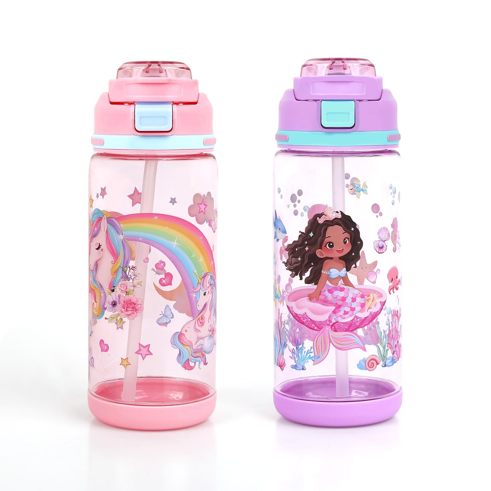 decalsweet Kids Water Bottle 20oz Durable Leak-Proof Plastic Water Cup for Kids Toddlers,With Straw Handle and Pop-Up Spout Cove
