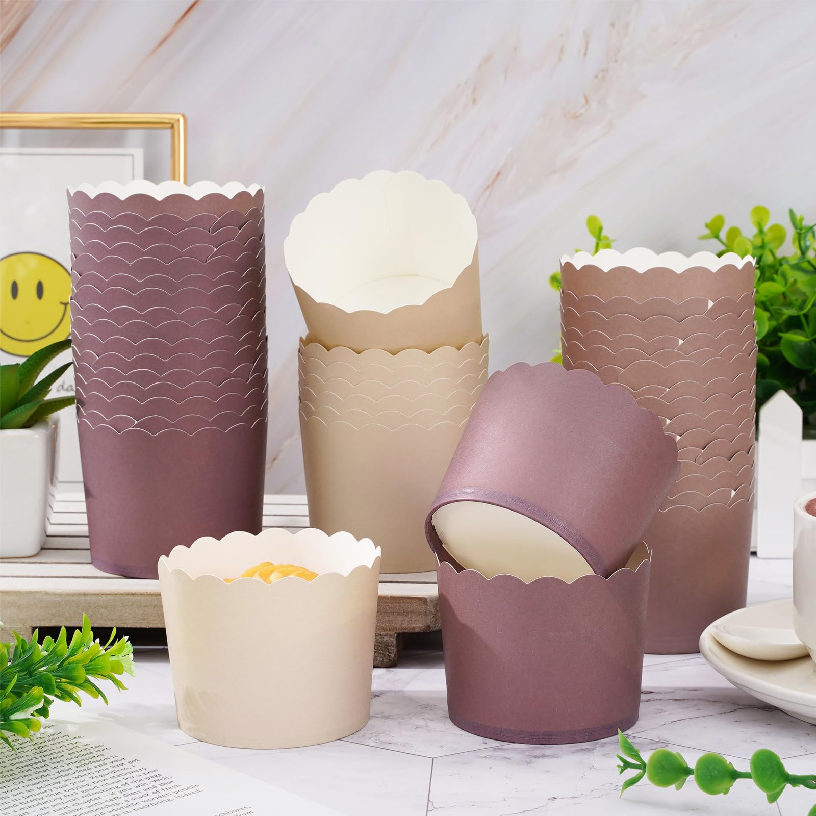 Whaline 120Pcs Brown Paper Baking Cups Scalloped Edge Cupcake Wrappers Gradient Brown Cupcake Muffin Cases For Wedding Birthday