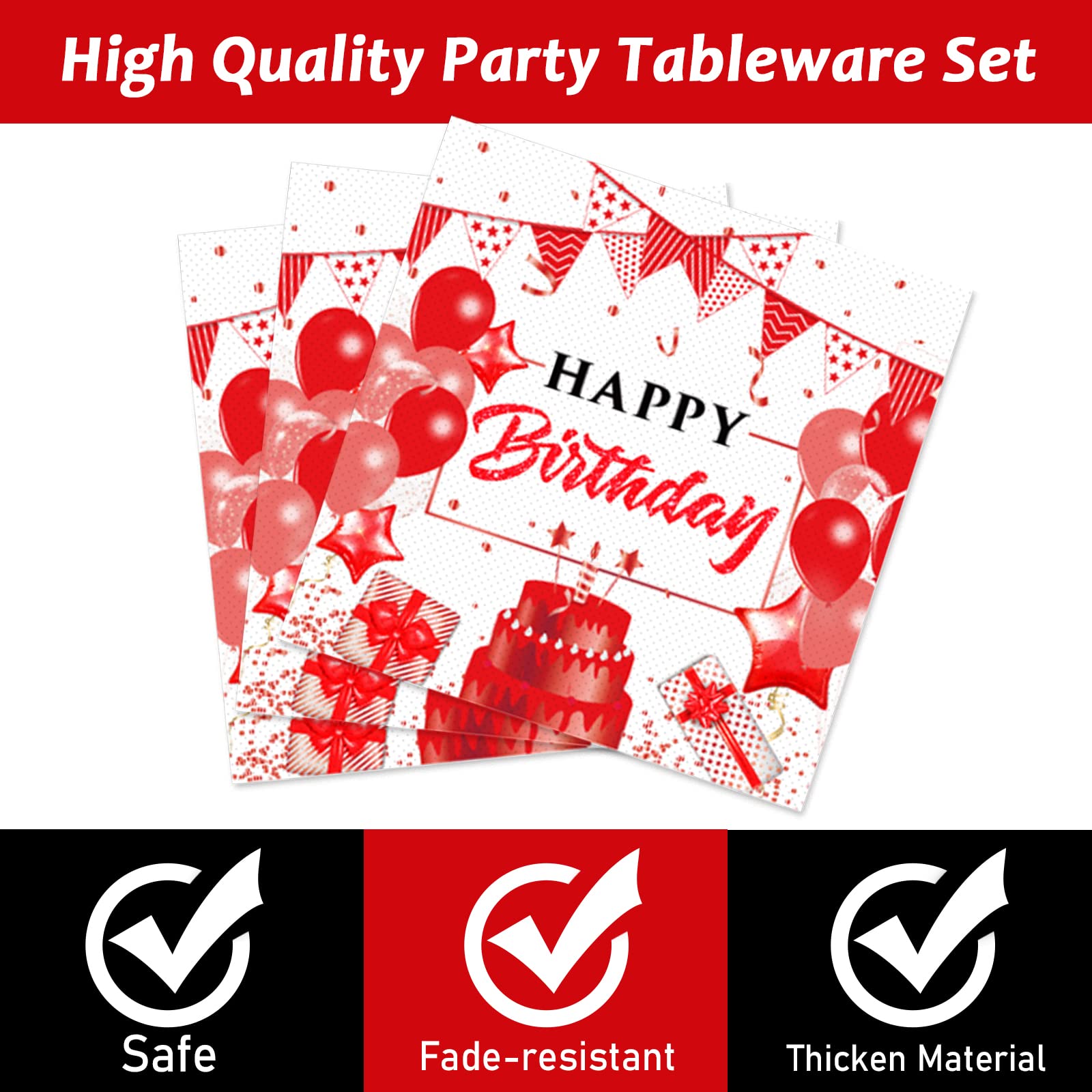Red Gold and White Birthday Plates Napkins Forks Plates Birthday Party Tableware Set Confetti Sprinkles Happy Birthday Party Decorations Red Birthday Plates Table Decors for Men Women for 24 Guests