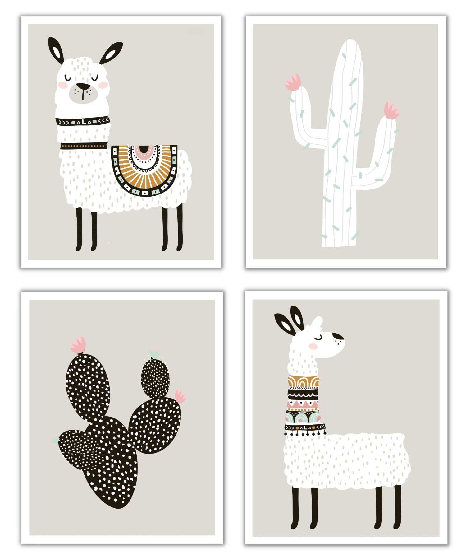 Llama Wall Decor Art Posters - Set Of 4 11 X 14 '' Professional Grade Prints (Llama & Cactus) For Gifts, Baby Room, Boy Or Girl