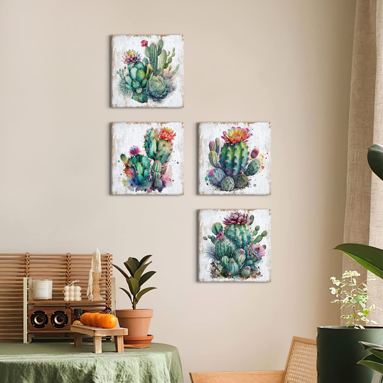 Cactus Wall Art Succulent Bathroom Decor Watercolor Green Wall Art Plants Canvas Pictures Colorful Spiny Flower Posters Botanica