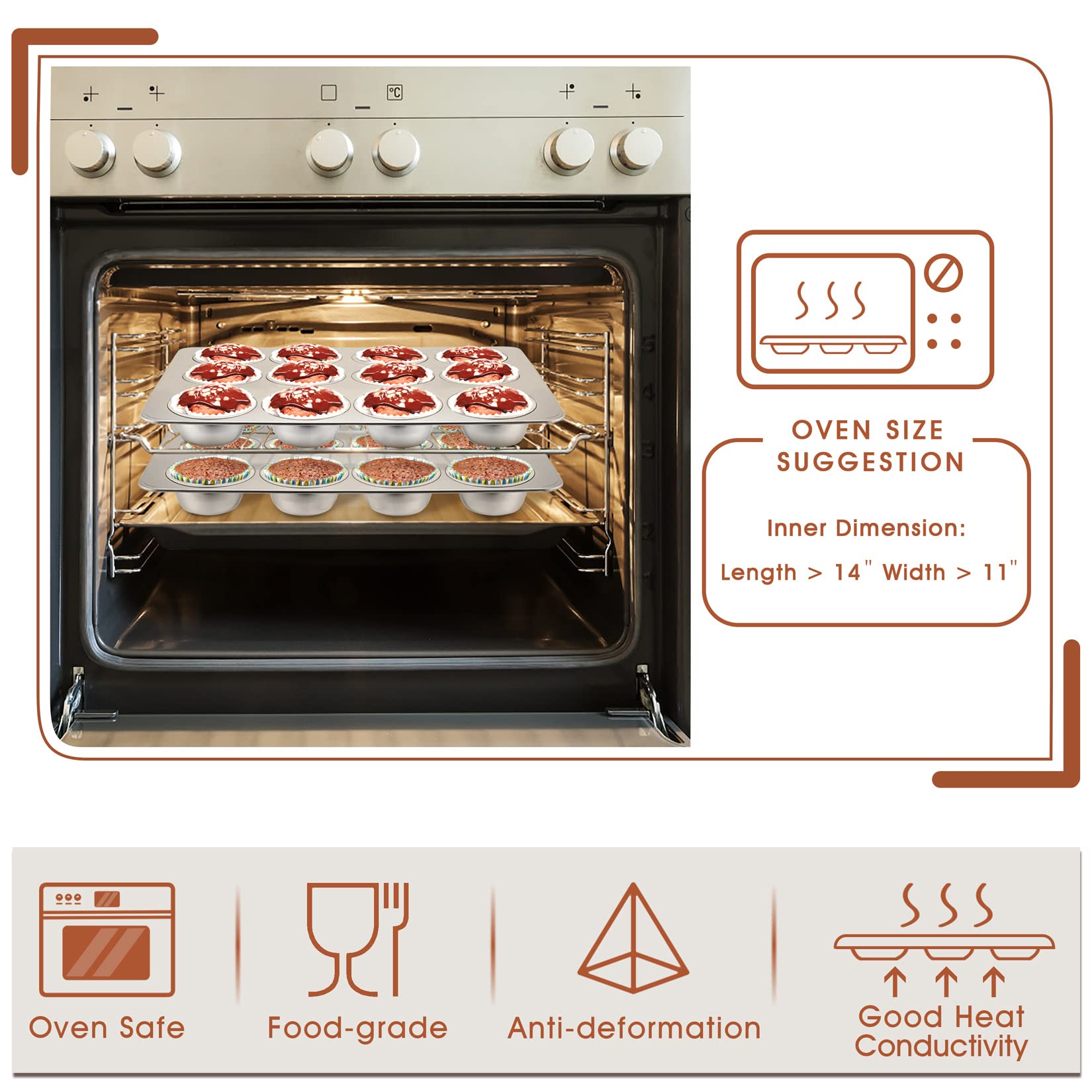 P&P Chef Muffin Pan Cupcake Baking Pan Set Of 2, 12 Cups Muffin Tin Tray, Stainless Steel Muffin Pans For Baking Mini Cake Muffi