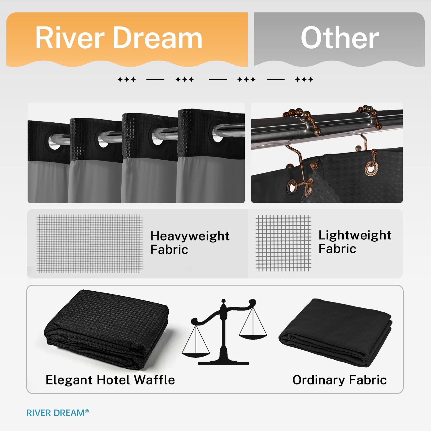 No Hooks Required Waffle Weave Shower Curtain with Snap in Liner - 71W x 74H Hotel Grade Spa Like Bath Curtain Black
