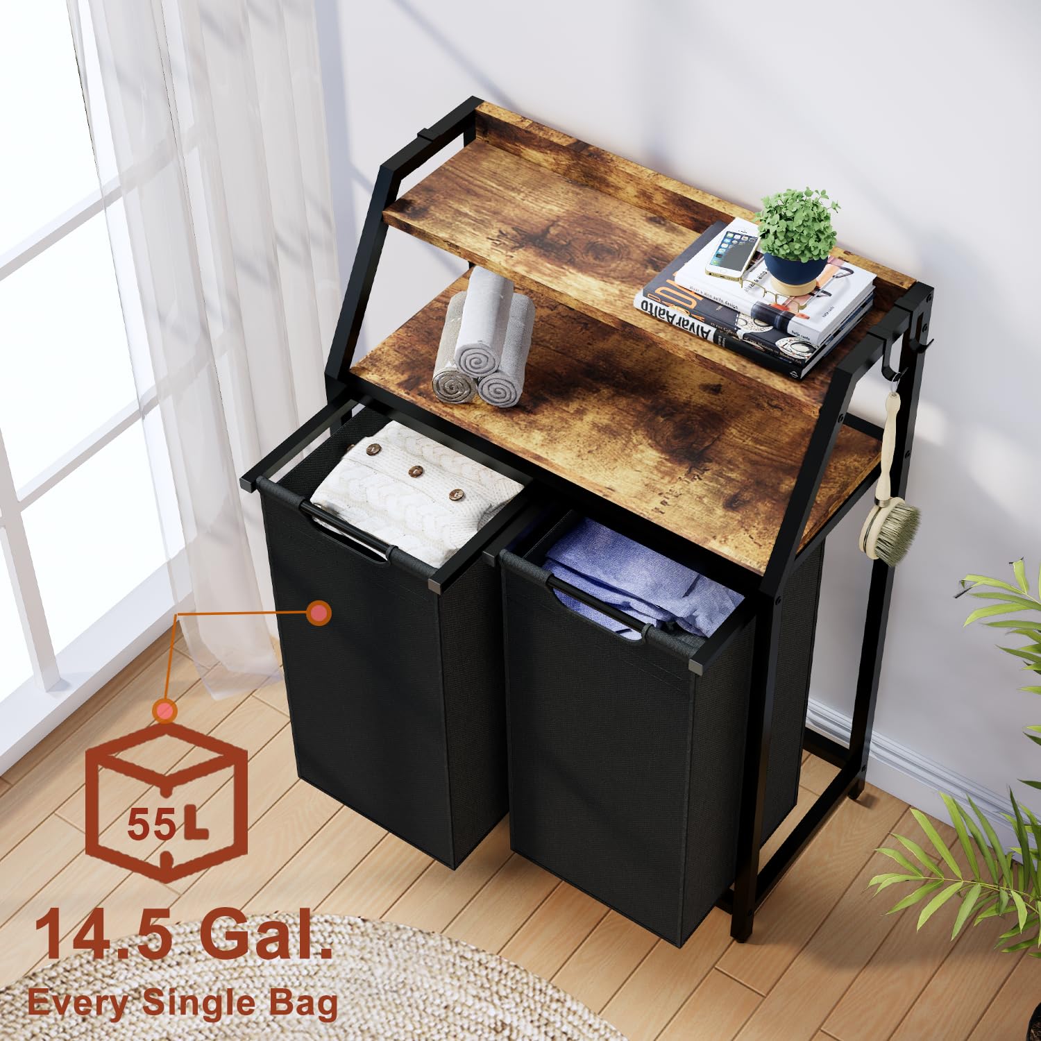 Timberer Laundry Hamper, Laundry Sorter 2 Section, Rolling Laundry Basket With Wheels, 2 Shelves, 2    14.5 Gal, Pull-Out And Re