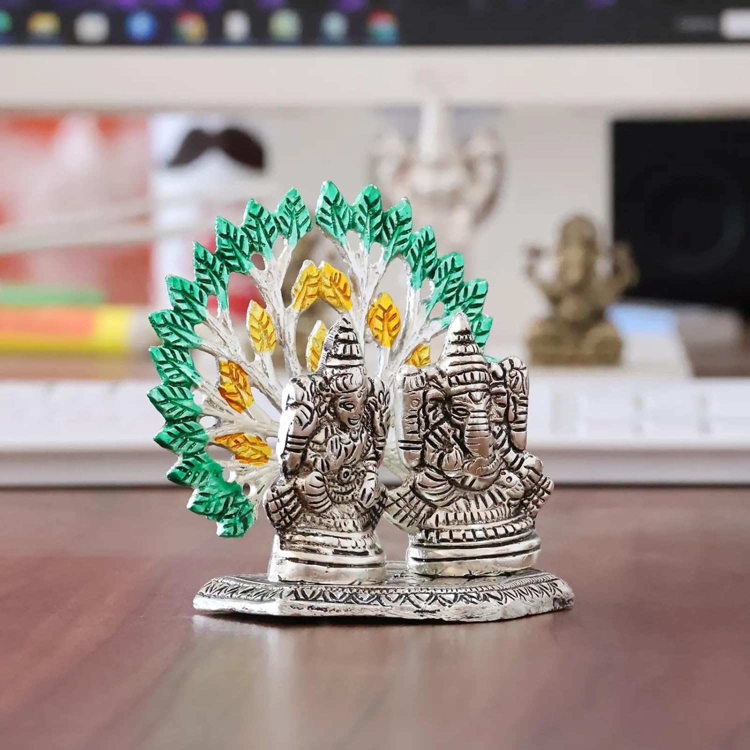 Dreamkraft Silver Finish Mini Ganesh Lakshmi Statue Intricately Designed Spiritual Showpiece (10 X 8 X 10 Cm)