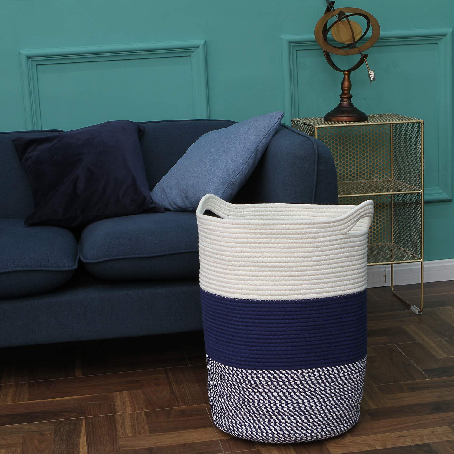 Sea Team Large Size Cotton Rope Woven Storage Basket With Handles, Laundry Hamper, Fabric Bucket, Drum, Clothes Toys Organizer F