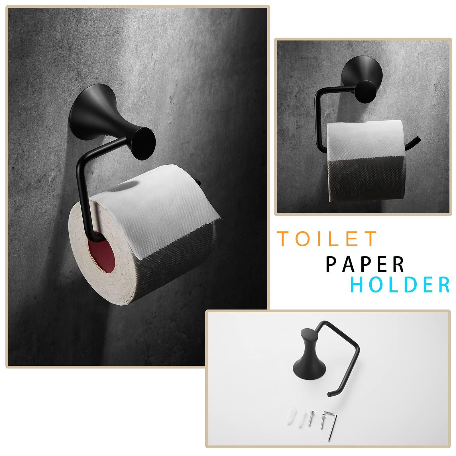 Newrain 3-Piece Bathroom Hardware Set, Matte Black - Hand Towel Ring, Toilet Paper Holder, Robe Towel Hooks