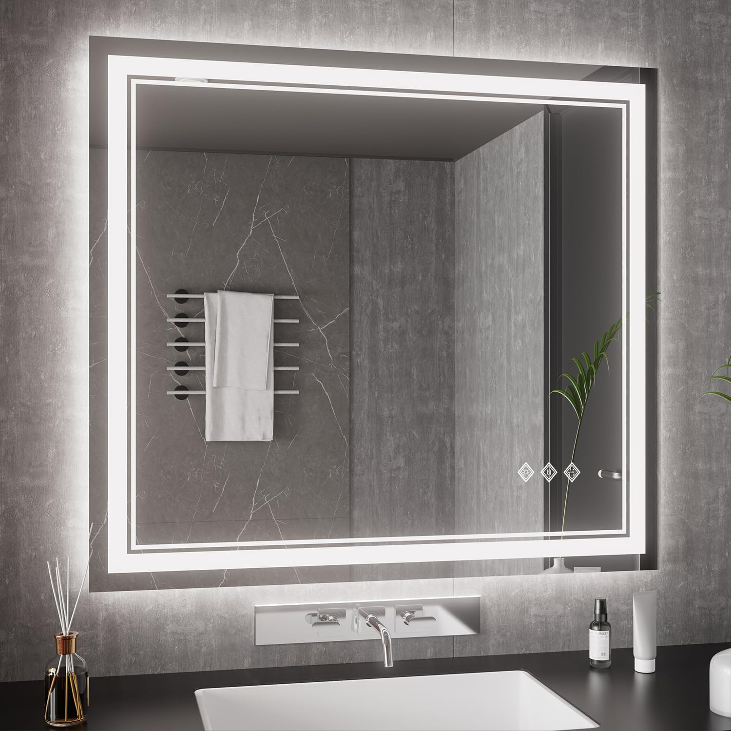 Vanpokins Bathroom Mirrors For Wall, 40X36 Inch Gradient Front And Backlight Lighted Mirror, 3 Colors Dimmable Cri>90 Double Lig