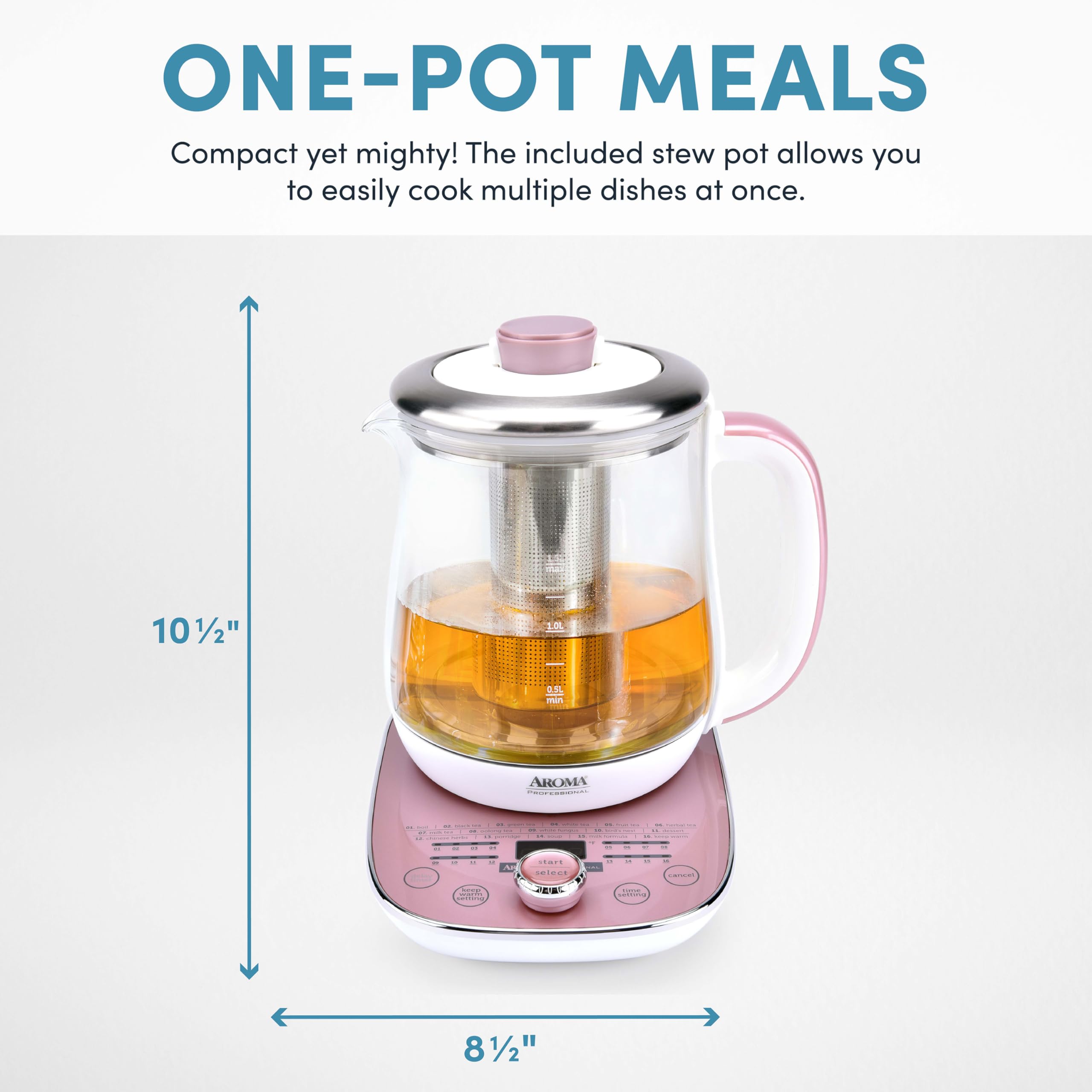 Aroma Professional Awk-701 16-In-1 Nutri-Water, Green, Fruit, Flower Tea, Coffee, Multi-Use Kettle, Delay Timer, 1.5L, Pink