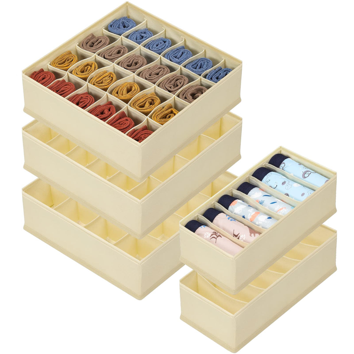 5 Pack Sock Underwear Organizer Drawer Dividers, Foldable Fabric Dresser Closet Organizers Box, Bedroom Cabinet Organization and