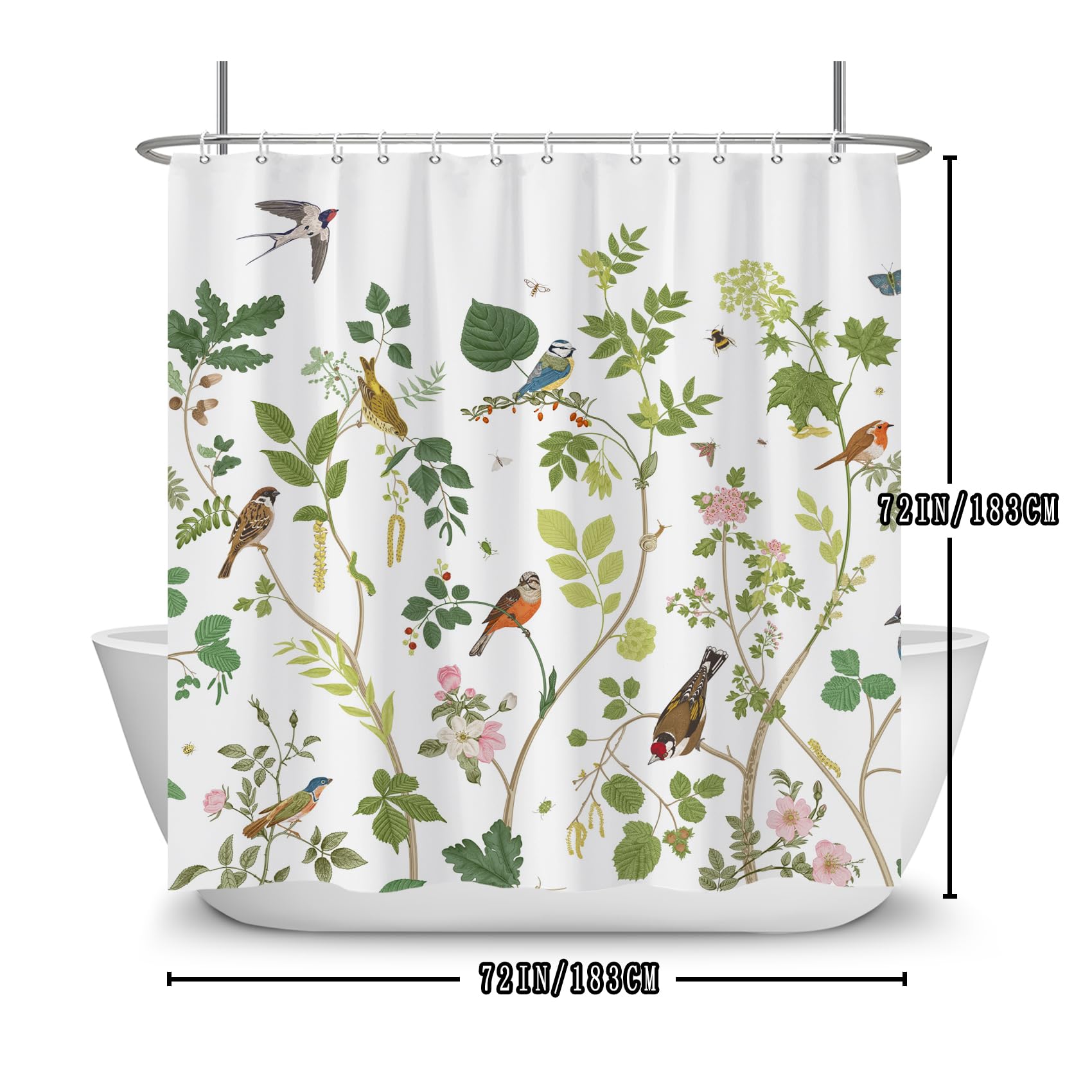 Yanutan Birds With Green Plants Shower Curtain, Animals Green Leaves White Shower Curtain Set For Bathroom, Lively Birds Fabric