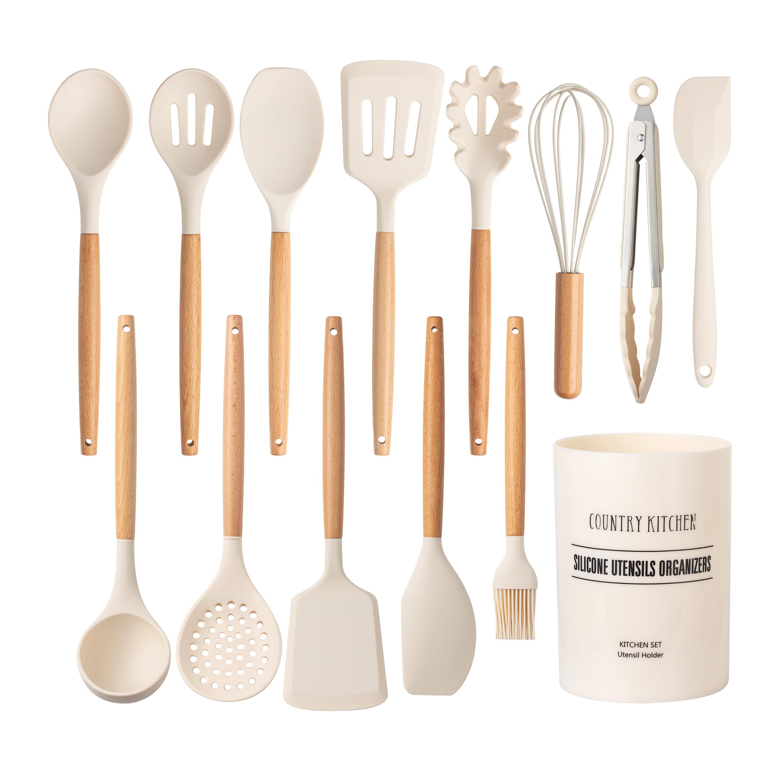 Country Kitchen Silicone Cooking Utensils, 14 Pc Kitchen Utensil Set, Easy To Clean Wooden Kitchen Utensils, Cooking Utensils Fo