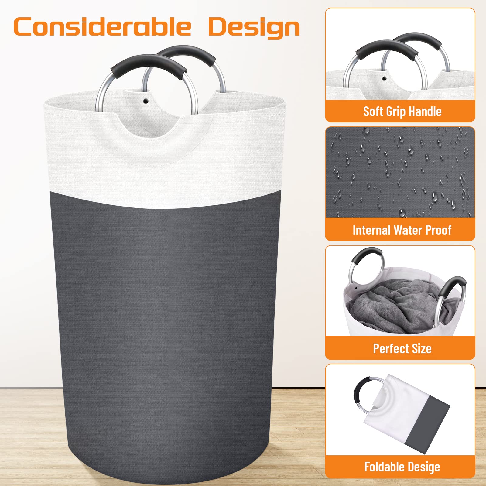 BlissTotes Laundry Basket  Laundry Hamper  Collapsible Laundry Baskets  Dirty Clothes Hamper  Waterproof Laundry Basket with Foam Protected Aluminum Handles for College Dorm  Family 90L (Grey)