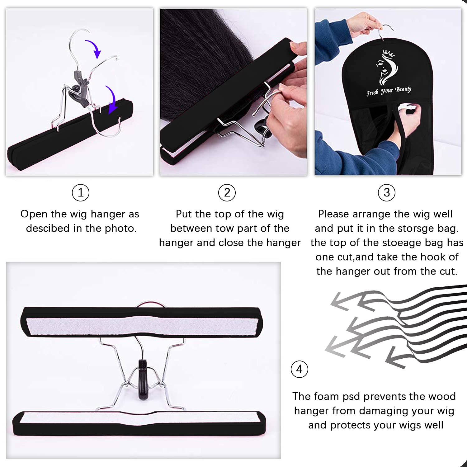 3PCS Extra Long Hair Extension Storage Bag Hairpieces Storage Holder with Wooden Hanger Dust-proof Portable Suit with Transparent Zip Up Closure- Light weight  Waterproof and Portable (Black)