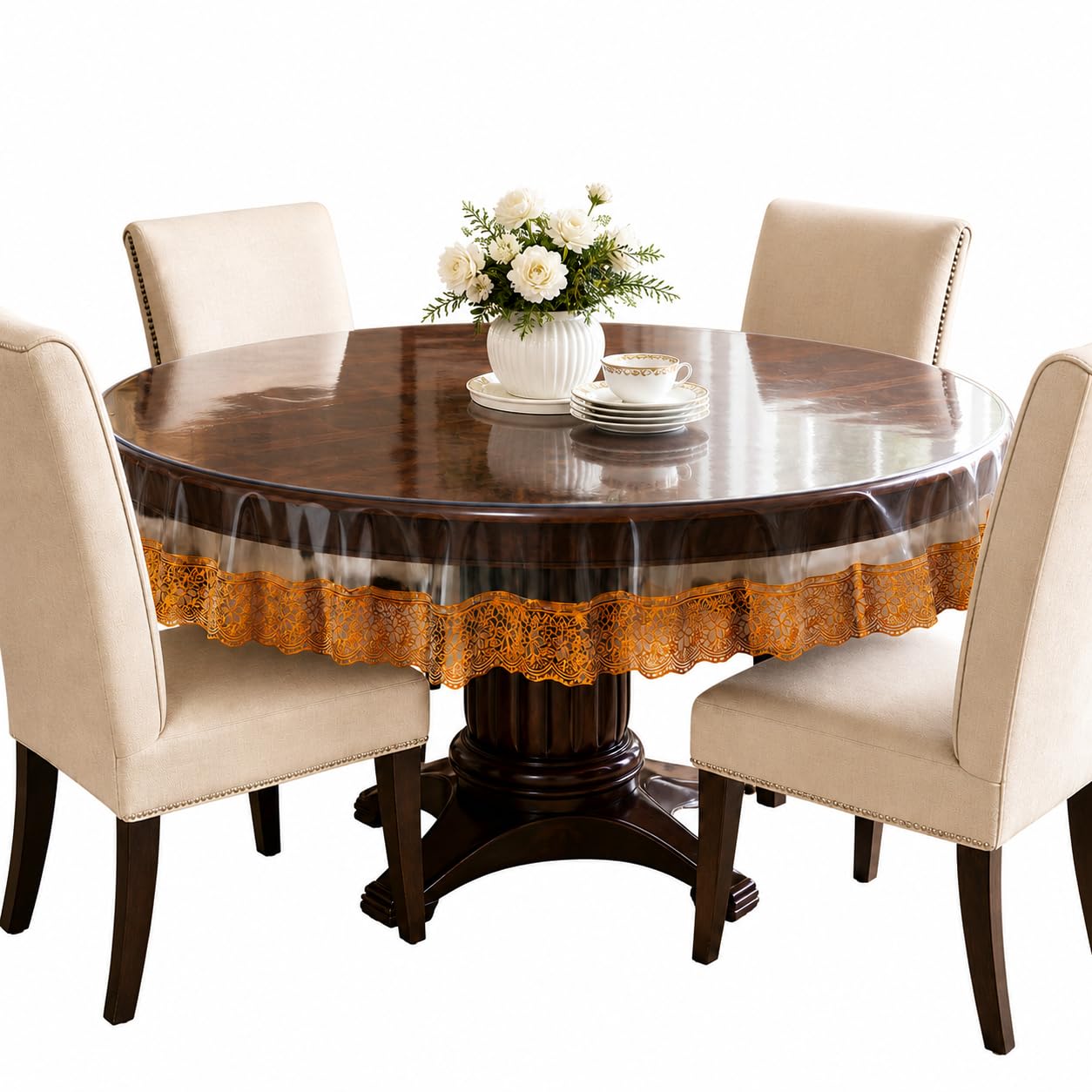 CASANEST PVC Waterproof 4 Seater Round Table Cover with Golden Lace 60inch diameter (Gold)