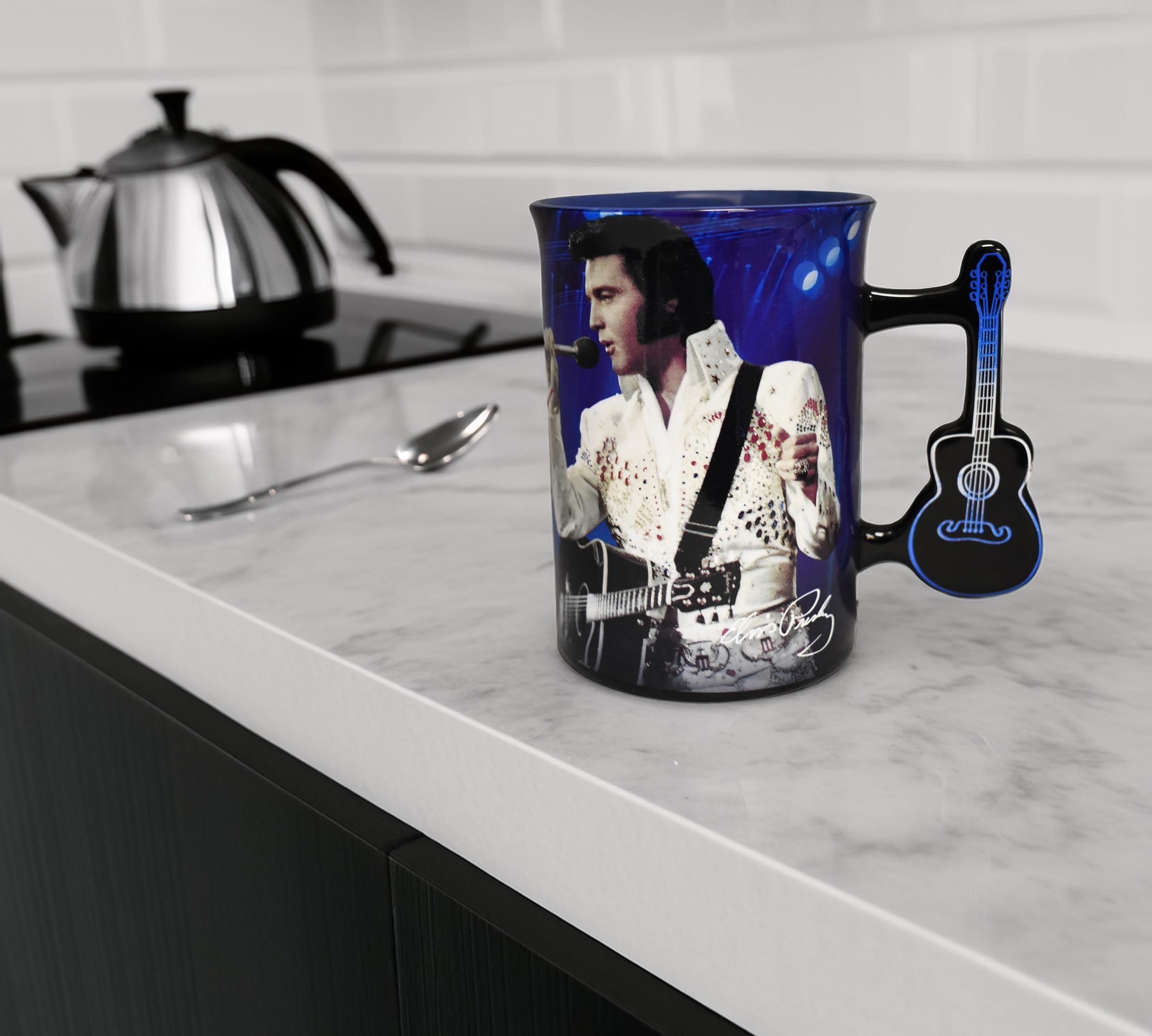 Midsouth Products Elvis Presley Ceramic Mug with Guitar Handle, 16oz, Iconic White Jumpsuit Design, Multicolor, Collector's Item for Fans