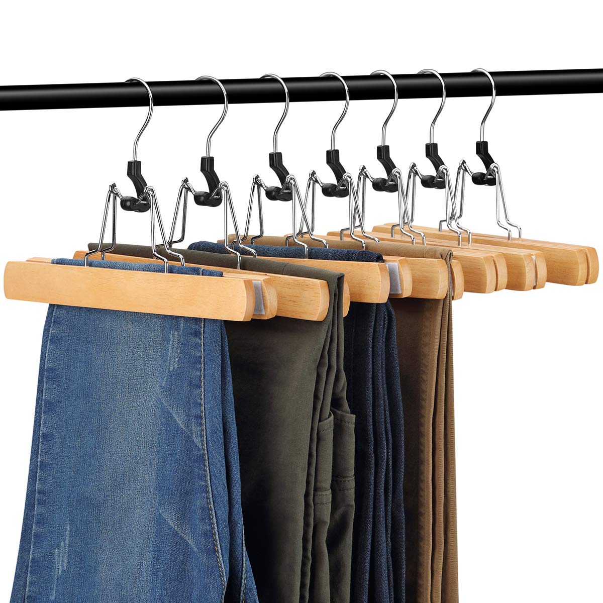Amkufo 12 Pack Natural Wooden Pants Hangers With Clips Non Slip Skirt Hangers Trouser Clamp Hanger Solid Wood Hanger With 360 Sw