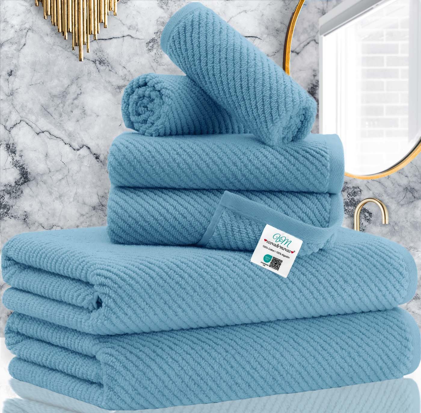 Blue Towels Bathroom Sets, Luxury 6Pcs Gift Set, 2 Large Bath Towels 30 X 56, 2 Hand Towels 18 X 28, 2 Wash Cloths 13 X 13, 100%