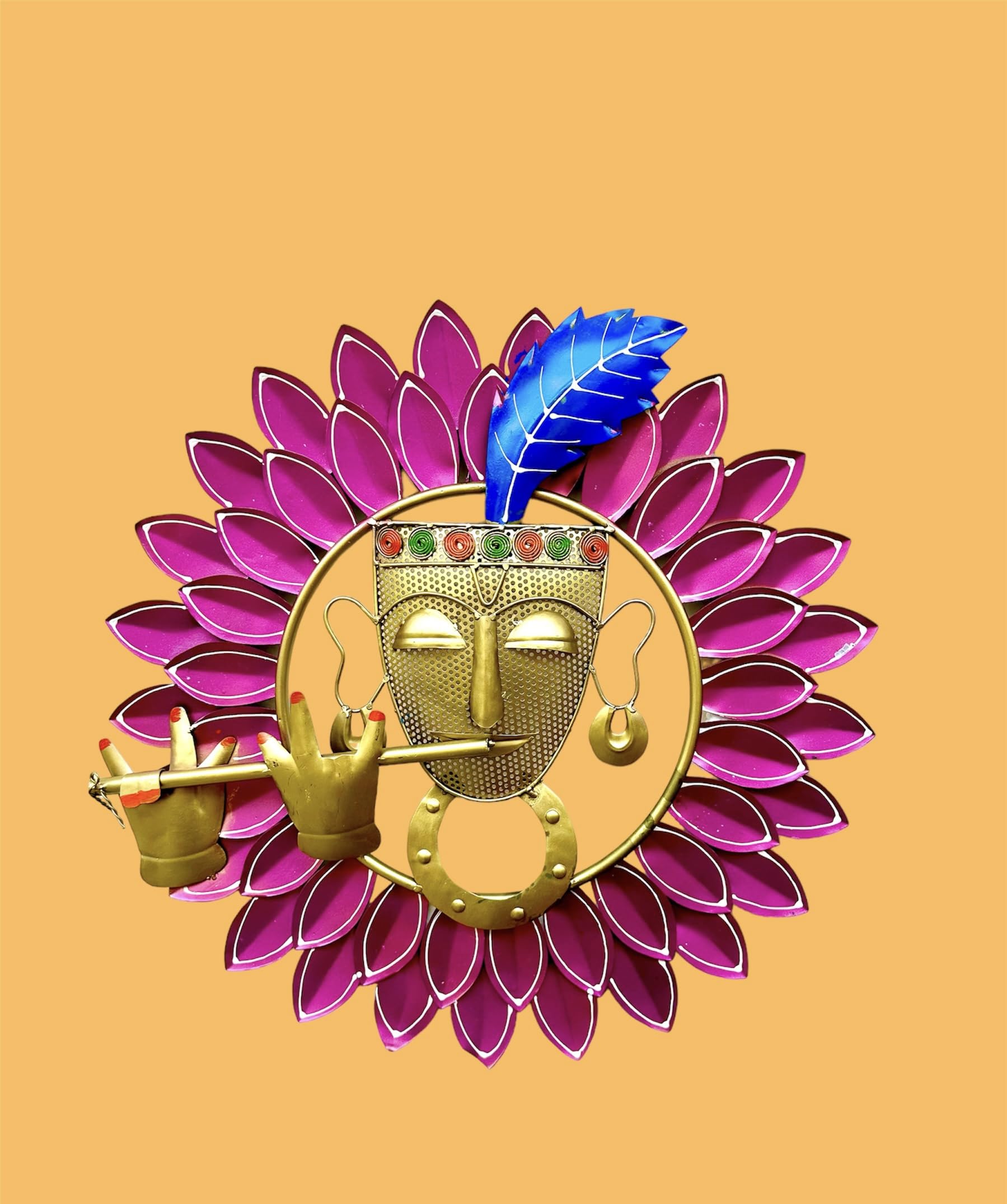 RSN Antique Metal Krishna Playing Basuri Wall Art Frame, Wall Hangings for Home Decoration, Scenery Showpiece Wall Sculpture for