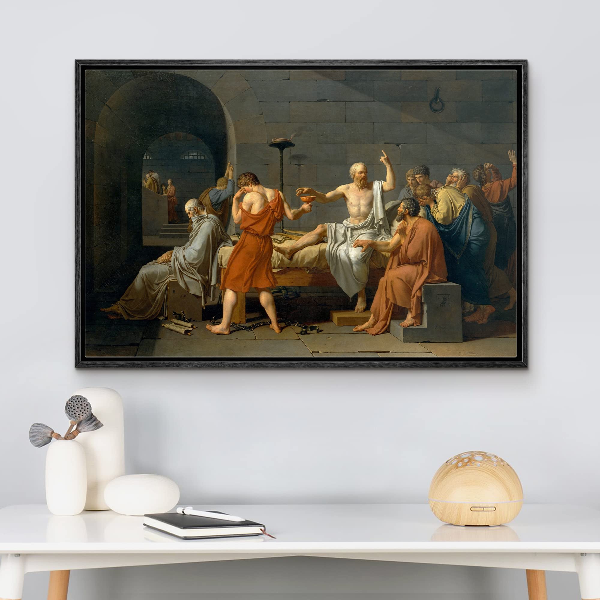 Wall26 - The Death Of Socrates By Jacques-Louis David - Framed Canvas Print Wall Art Famous Painting Reproduction - 16''X24'' Bl