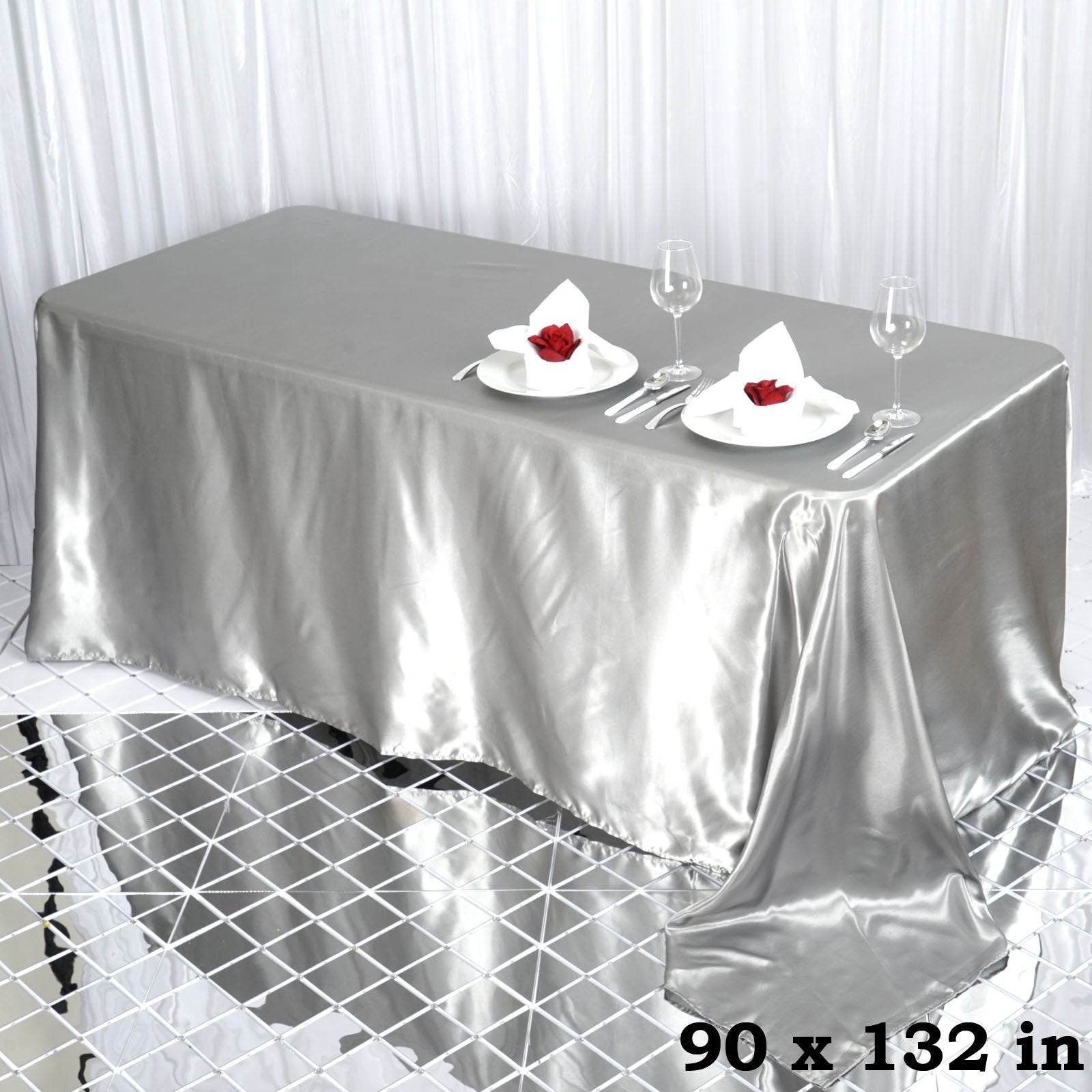 Balsacircle 90X132 Inch Silver Satin Rectangle Tablecloth Table Cover Linens For Wedding Table Cloth Party Reception Events Kitc