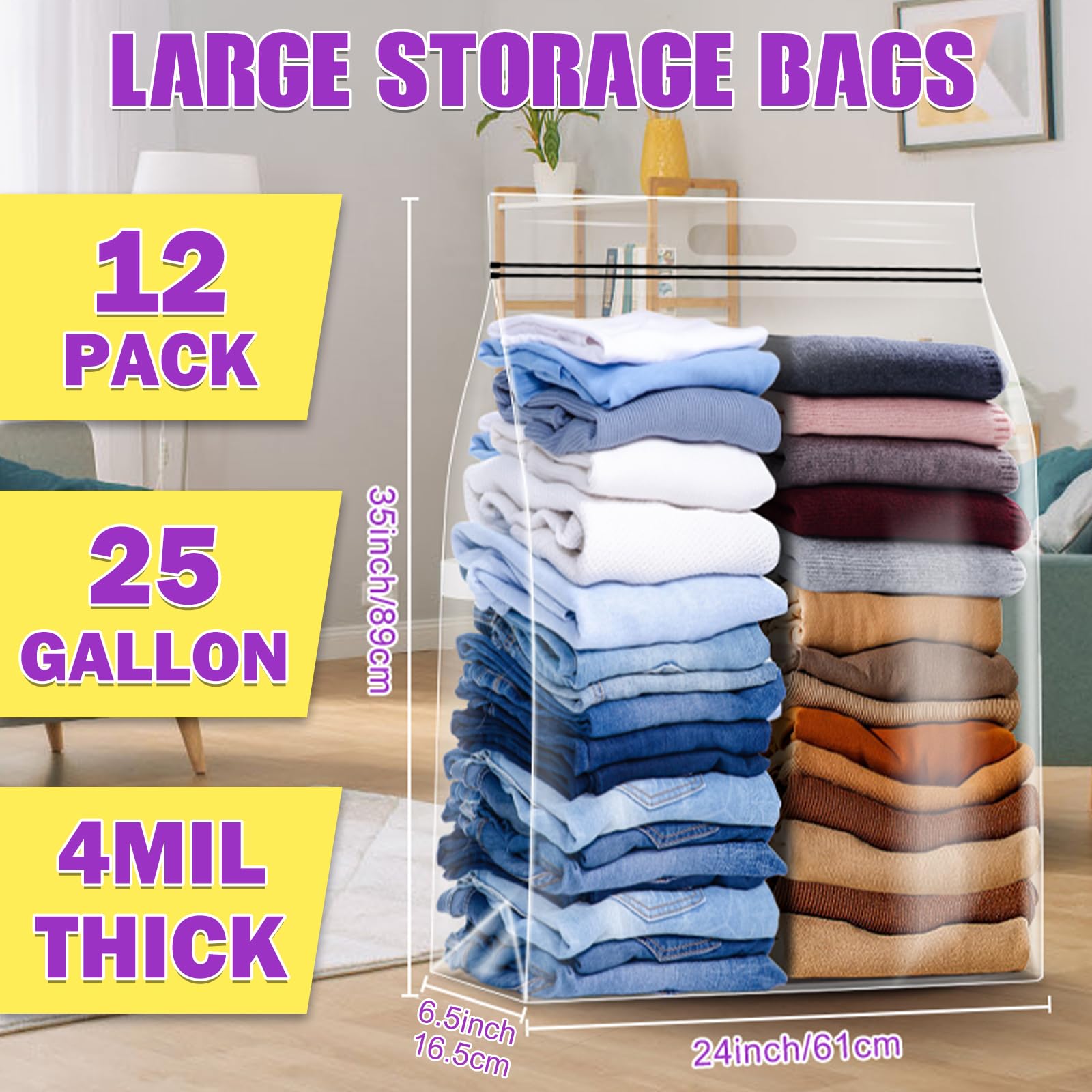 FURWEY 25 Gallon Extra Large Storage Bags 35   x 24   Resealable Clear Bags with Handle 4 Mil Thick Heavy Duty Big Bag for Cloth