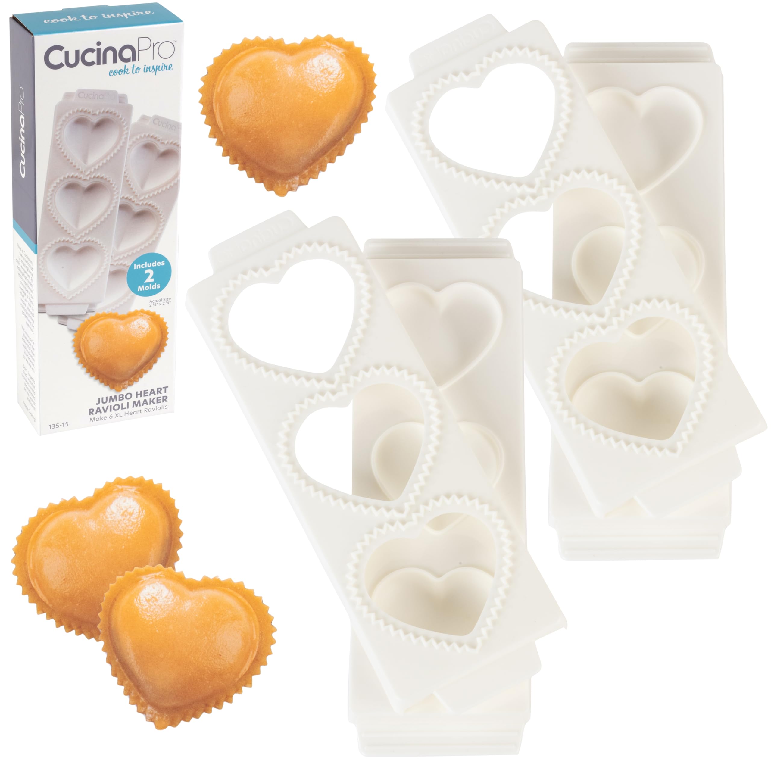 Jumbo 3'' Heart Ravioli Molds (2 Pk)- Homemade Filled Pasta Maker- 2 Pc Tray & Press Makes 3 Large Italian Raviolis At A Time, E