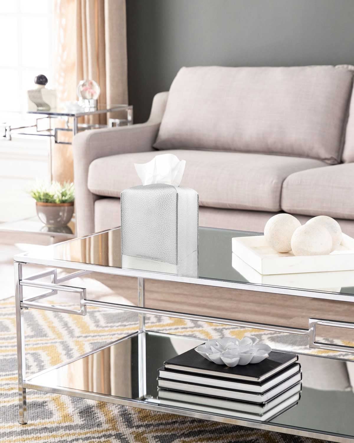 Silver Tissue Box Cover Leather - Square Tissue Box Holder With Bottom Belt By Jesmini, Modern Pu Leather Cube Tissue Holder For